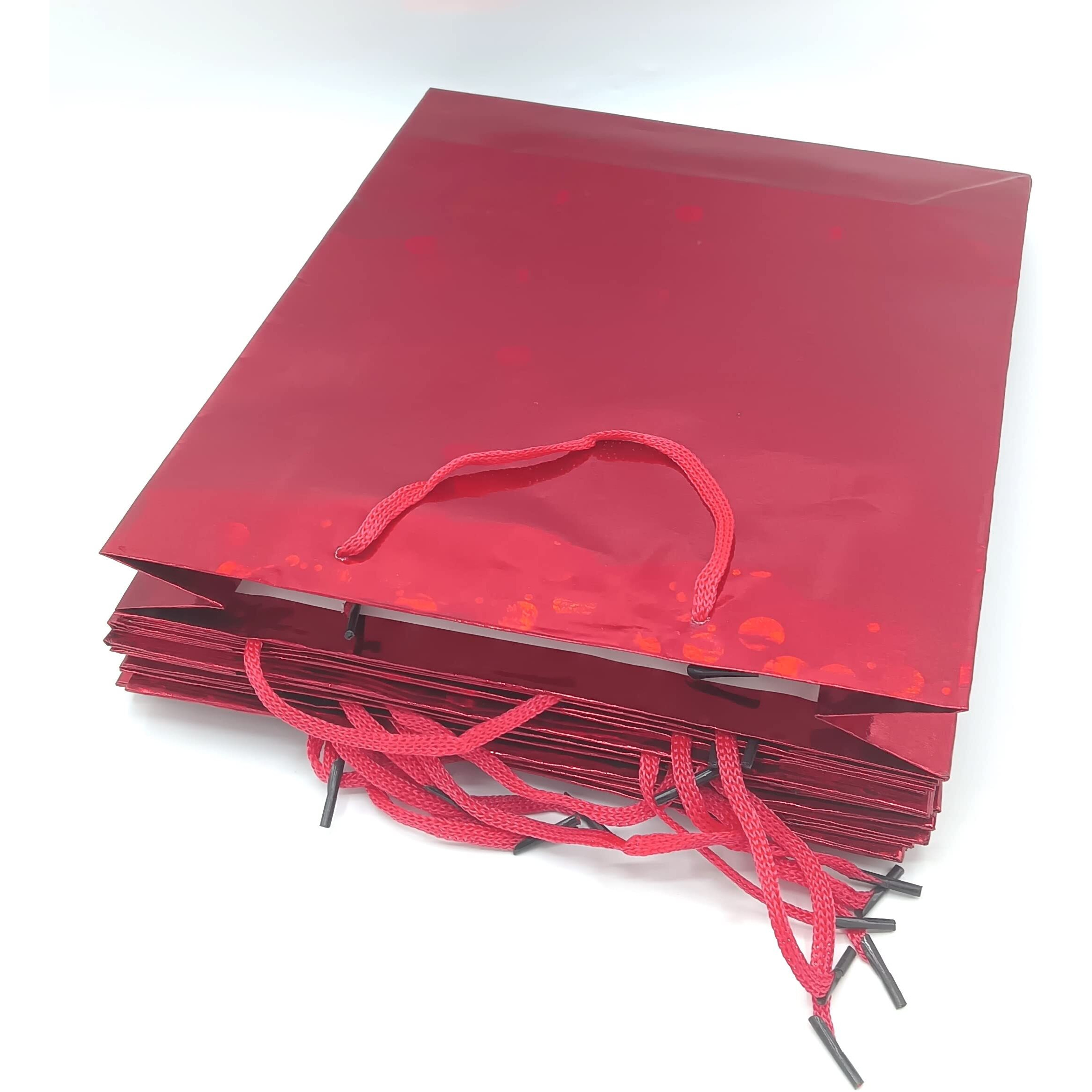 Gold Leaf Glitter Paper Bags 12Pcs With Handles,Reusable Iridescent Gift Bags For Baby Shower Gift Bags,Christmas, Party Wrapping Solution(23 X 8 X 27 Cm)(Red)
