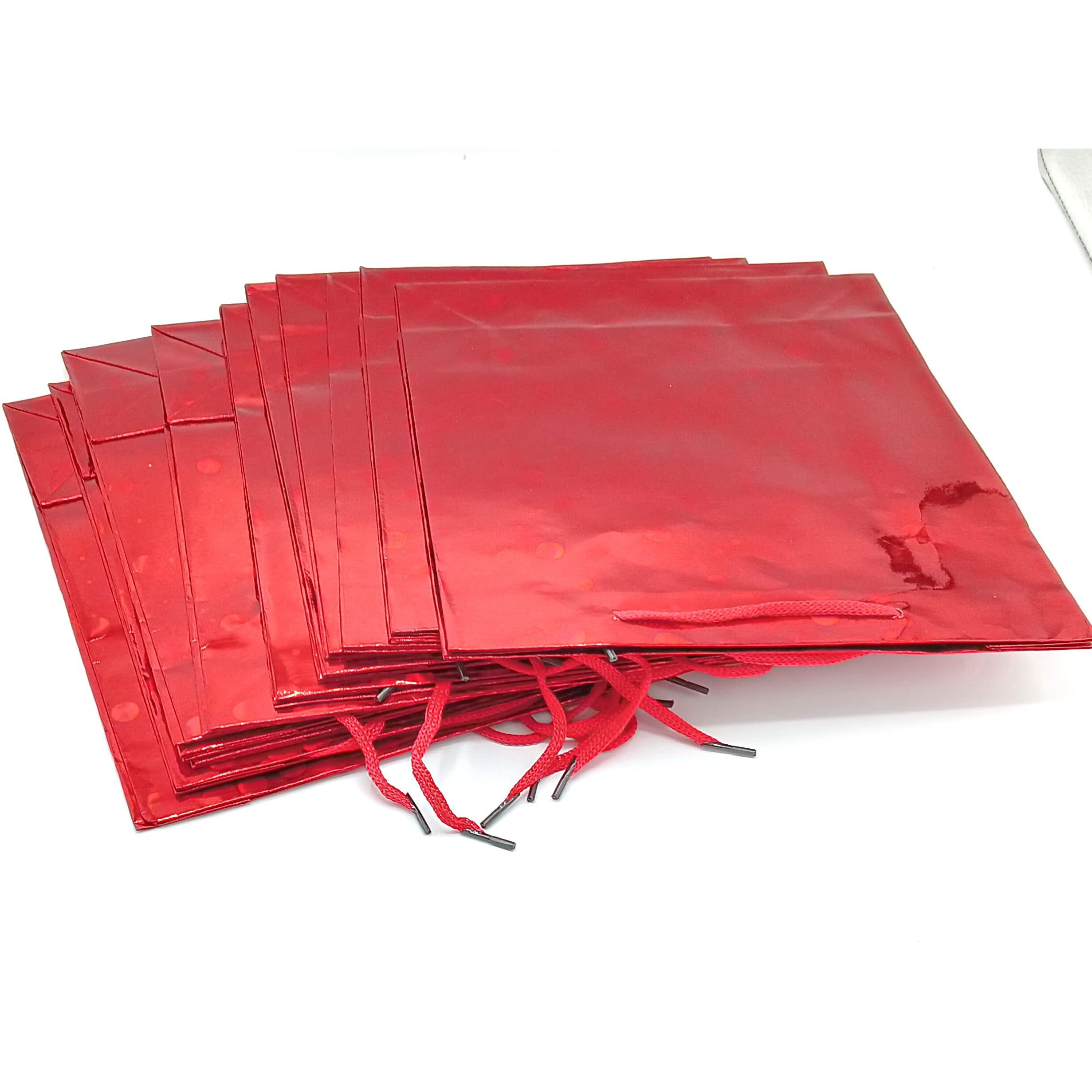 Gold Leaf Glitter Paper Bags 12Pcs With Handles,Reusable Iridescent Gift Bags For Baby Shower Gift Bags,Christmas, Party Wrapping Solution(23 X 8 X 27 Cm)(Red)