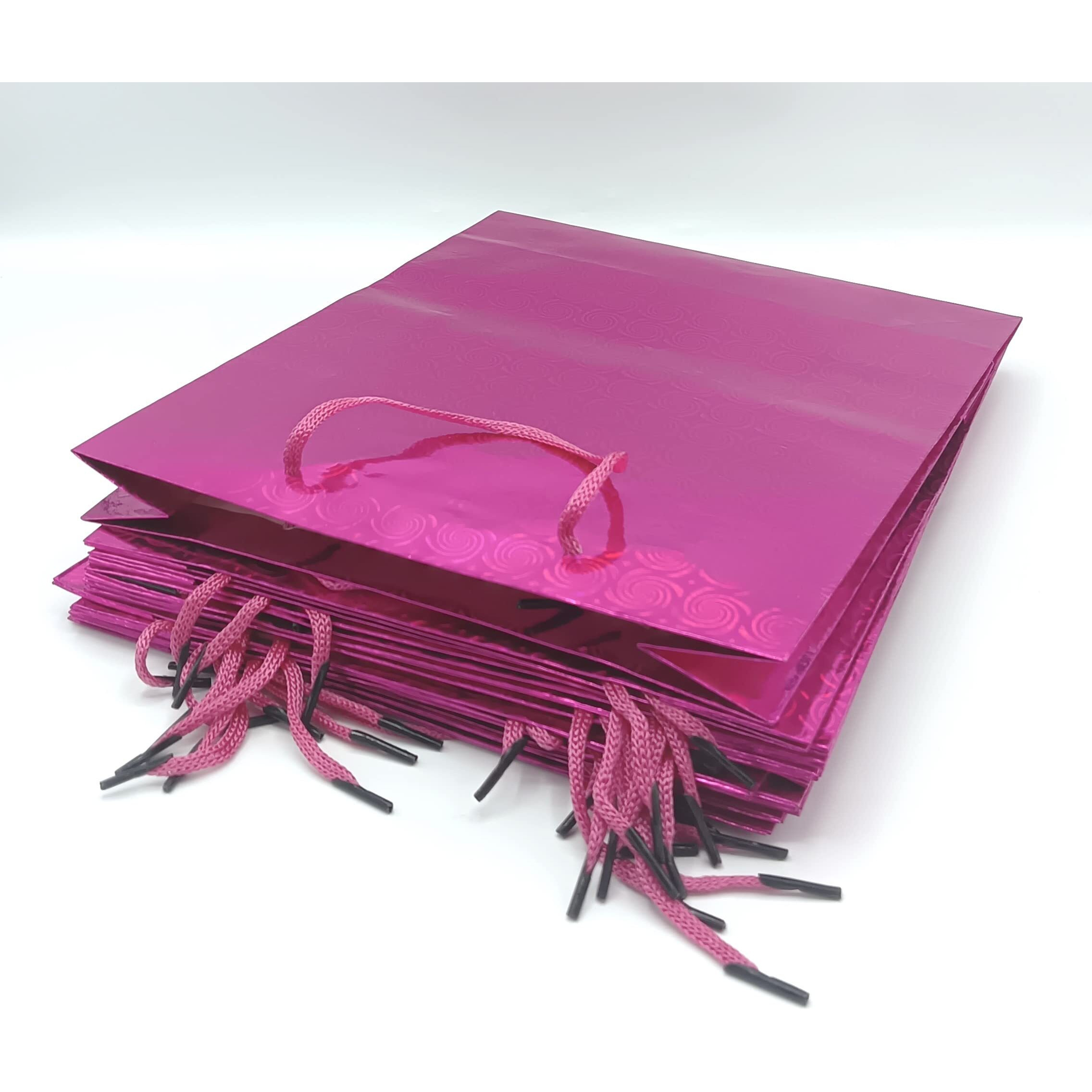 Gold Leaf Glitter Paper Bags 12Pcs With Handles,Reusable Iridescent Gift Bags For Baby Shower Gift Bags,Christmas, Party Wrapping Solution(23 X 8 X 27 Cm)(Pink)