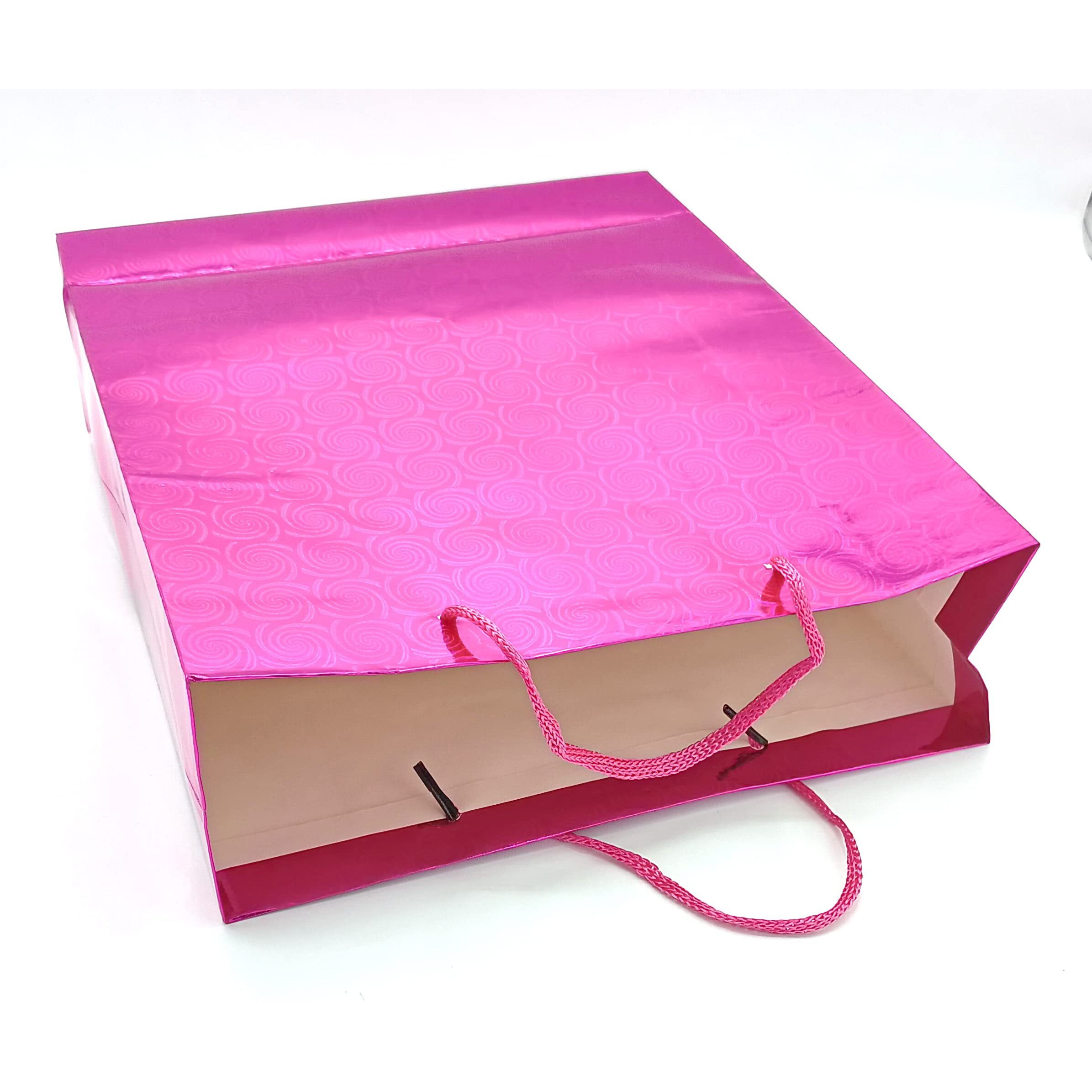 Gold Leaf Glitter Paper Bags 12Pcs With Handles,Reusable Iridescent Gift Bags For Baby Shower Gift Bags,Christmas, Party Wrapping Solution(23 X 8 X 27 Cm)(Pink)