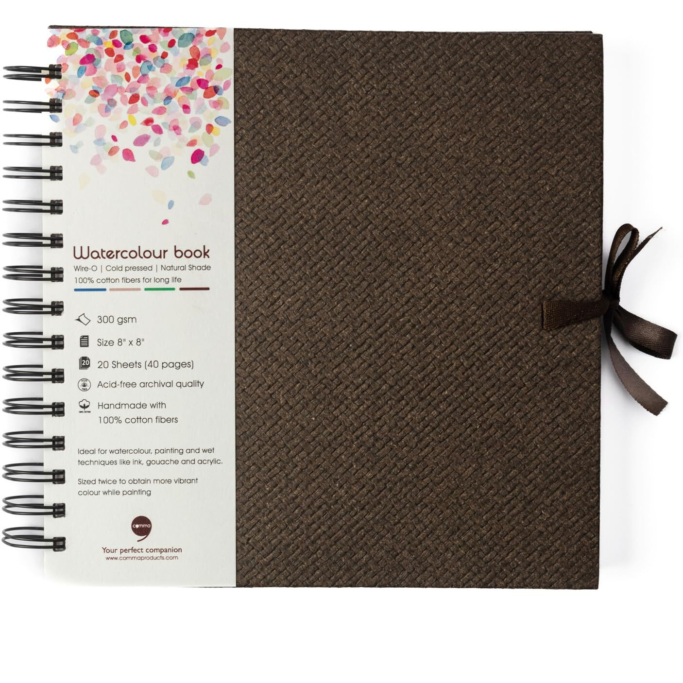 Comma Watercolour Book | 8" X 8" | 300Gsm | Wire-O Sketchbook | Cold Pressed | Natural Shade | 100% Cotton Fibers (Chocolate Brown)