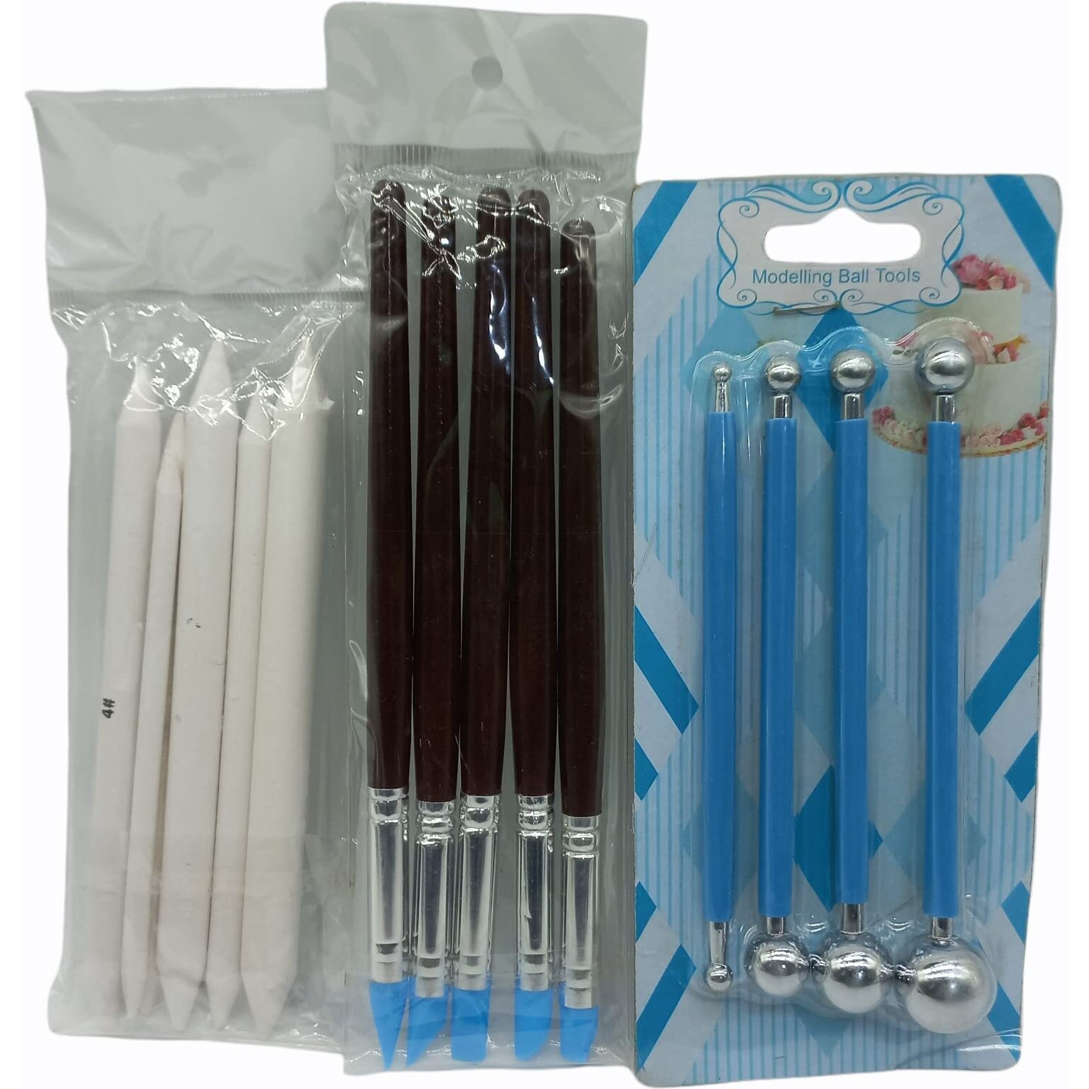 Grizzly 6Pcs Paper Double Ended Stumps, 5Pcs Durable Wood Pen With Rubber Tip, 4Pcs Stainless Steel Ball Tools For Art & Craft, Set Of 3