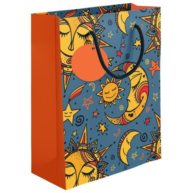 Paperpep Blue Yellow Sun Moon Print 7&quotX4&quotX9" Gifting Paper Bag| Ideal For Return Gifts, Presents, Weddings, Birthday, Holiday Presents, Celebrations | Pack Of 10