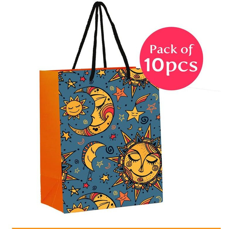 Paperpep Blue Yellow Sun Moon Print 7&quotX4&quotX9" Gifting Paper Bag| Ideal For Return Gifts, Presents, Weddings, Birthday, Holiday Presents, Celebrations | Pack Of 10