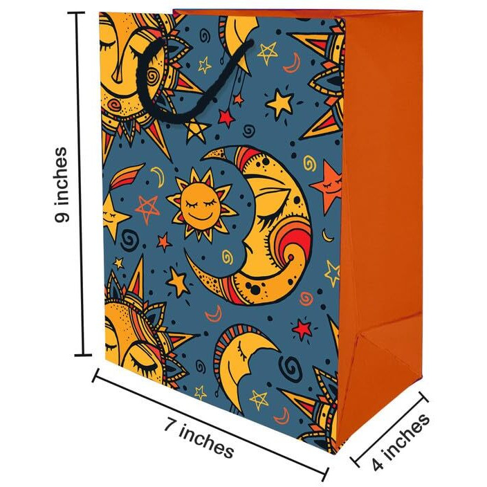 Paperpep Blue Yellow Sun Moon Print 7&quotX4&quotX9" Gifting Paper Bag| Ideal For Return Gifts, Presents, Weddings, Birthday, Holiday Presents, Celebrations | Pack Of 10
