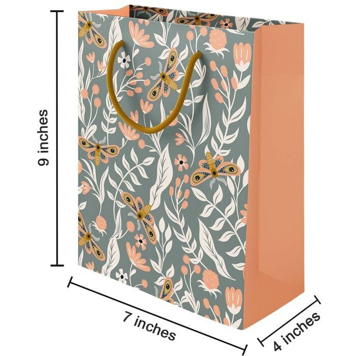 Paperpep Grey Floral & Moth Pattern Print 7&quotX4&quotX9" Gifting Paper Bag| Ideal For Return Gifts, Presents, Weddings, Birthday, Holiday Presents, Celebrations | Pack Of 10