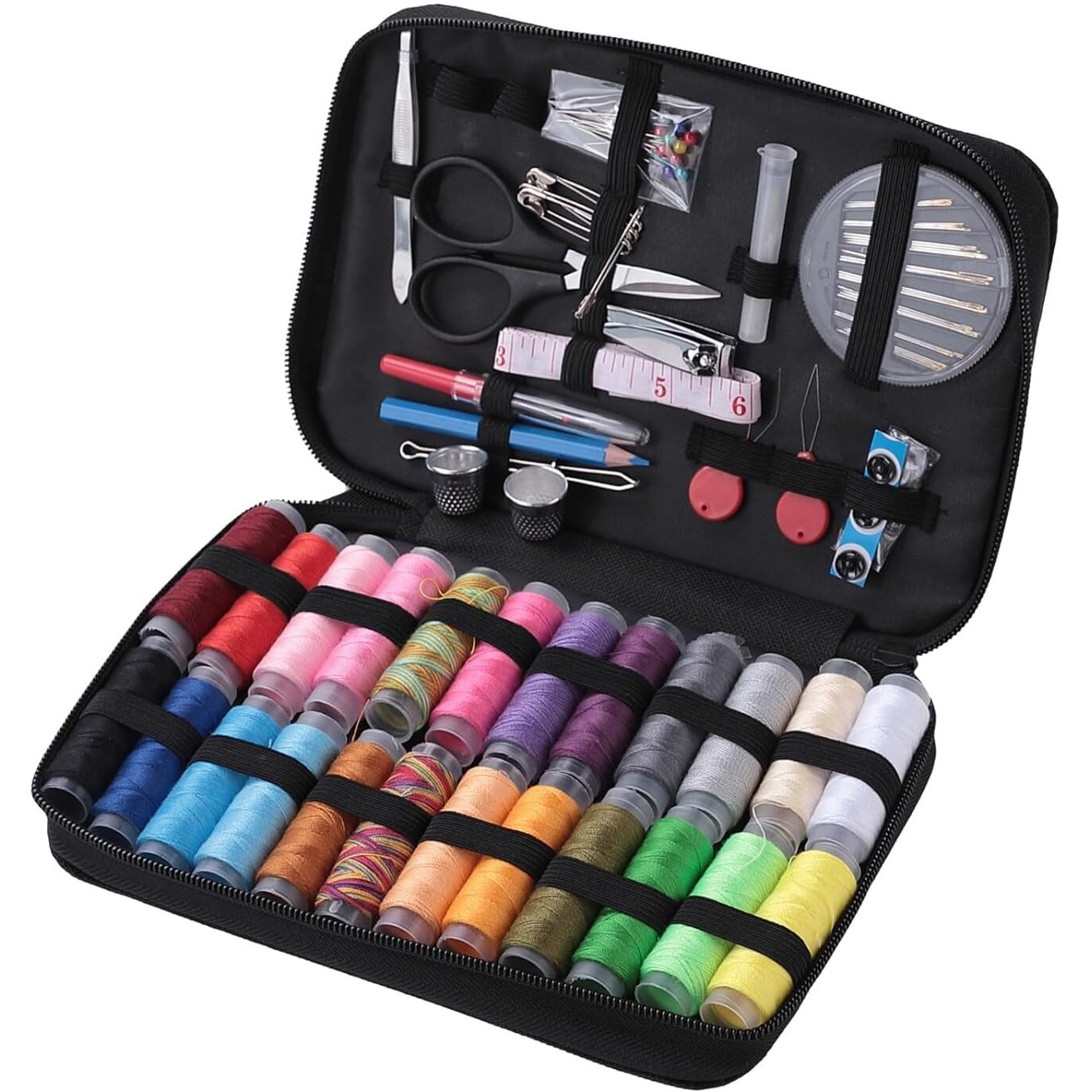 Kuber Industries Multifunctional Sewing Kit Set Of 97|Silai Machine Tools With Cotton & Polyester Thread|Steel Secissors & Needles (Black)