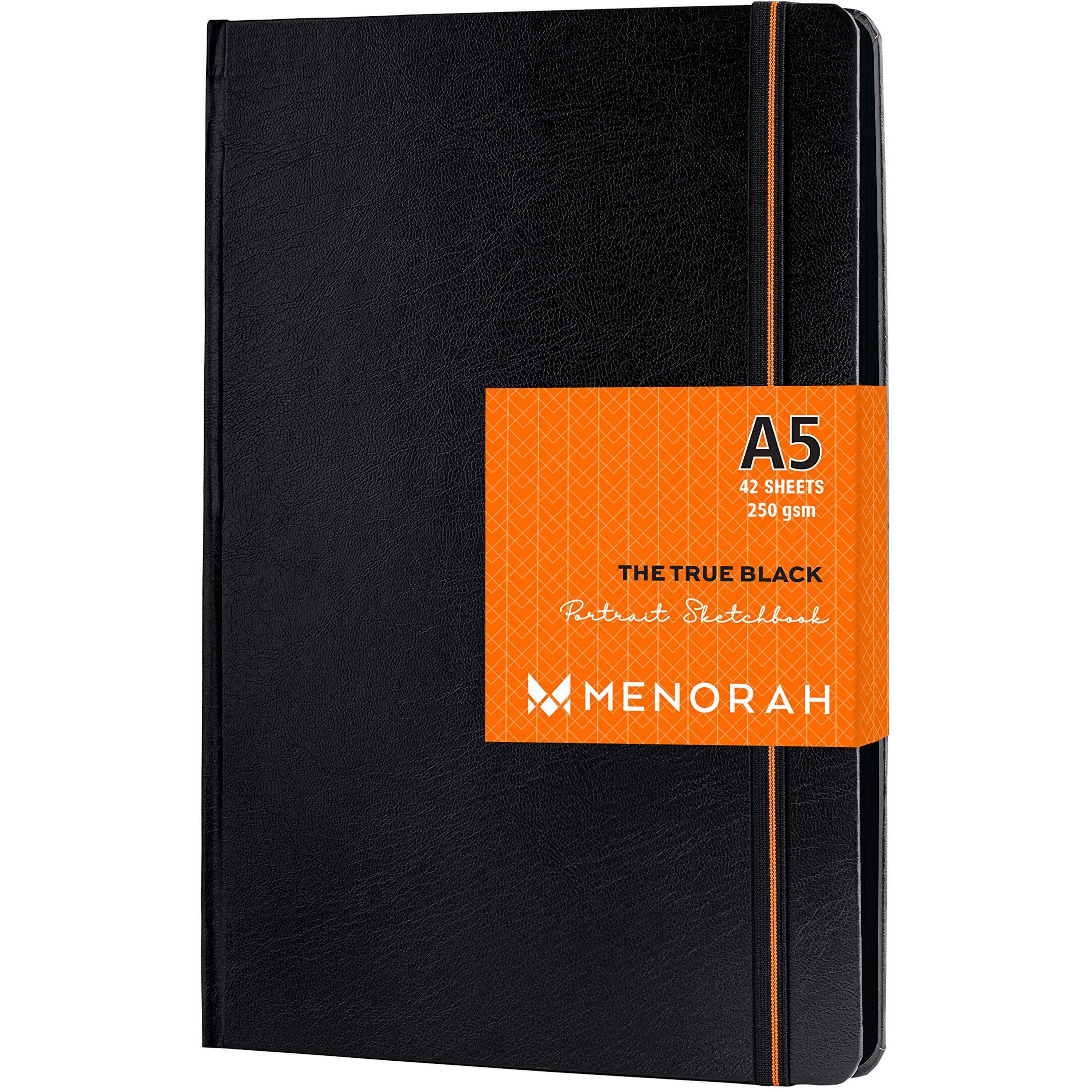 Menorah  A5 - The True Black Sketch Book For Artist - 250 Gsm - Hard Case Bound Sketchbook - (84 Pages/42 Sheets) - (Size 21.0 X 14.8 Cm) Black Notebook Journal (Black Sketchbook- Portrait)