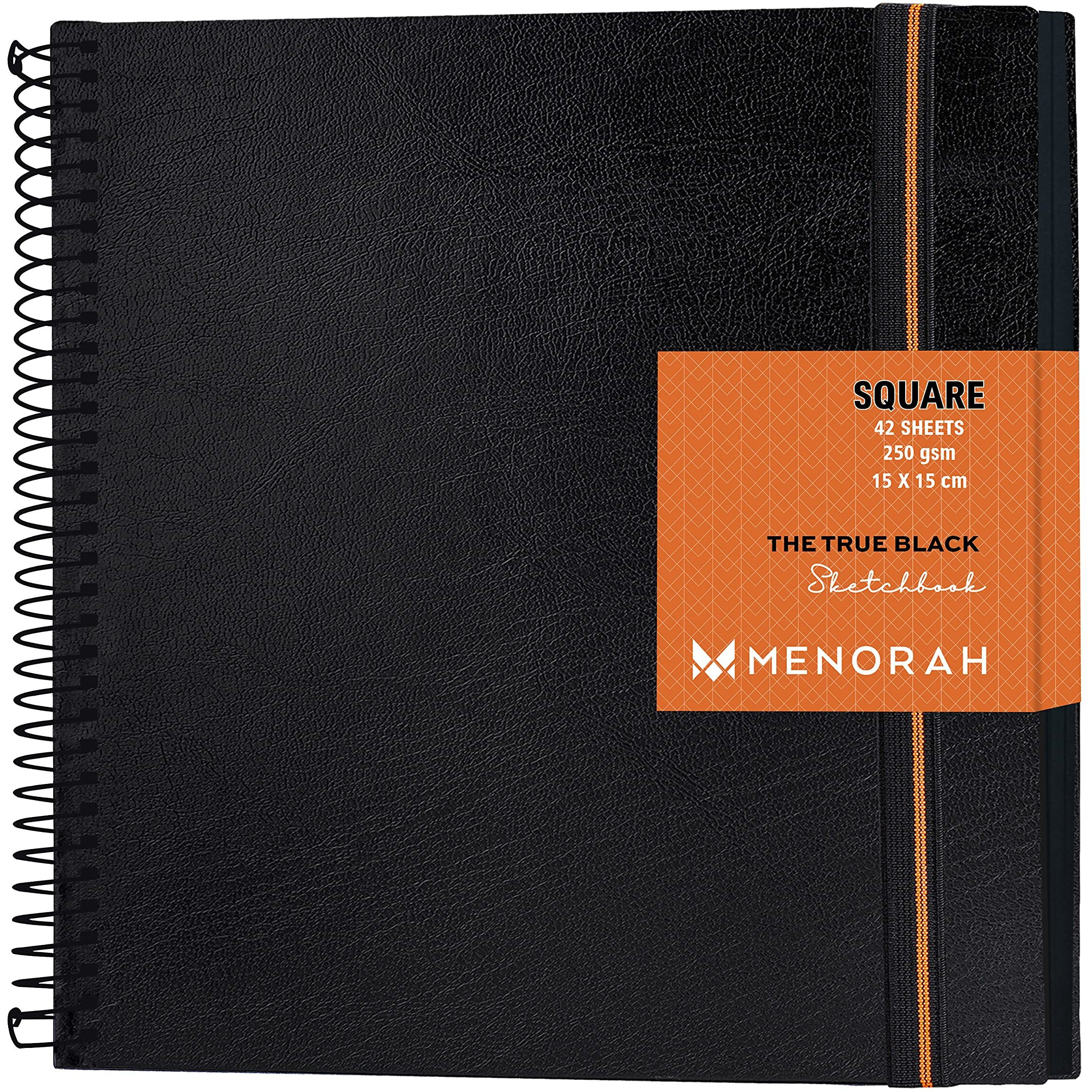 Menorah  Square - Black Sketch Book For Artist - 250 Gsm - Hard Metal Spiral Bound Sketchbook - 84 Pages/42 Sheets - (Size 15.0 X 15.0 Cm) Drawing Art Journal (Black Paper Sketchbook- Square)