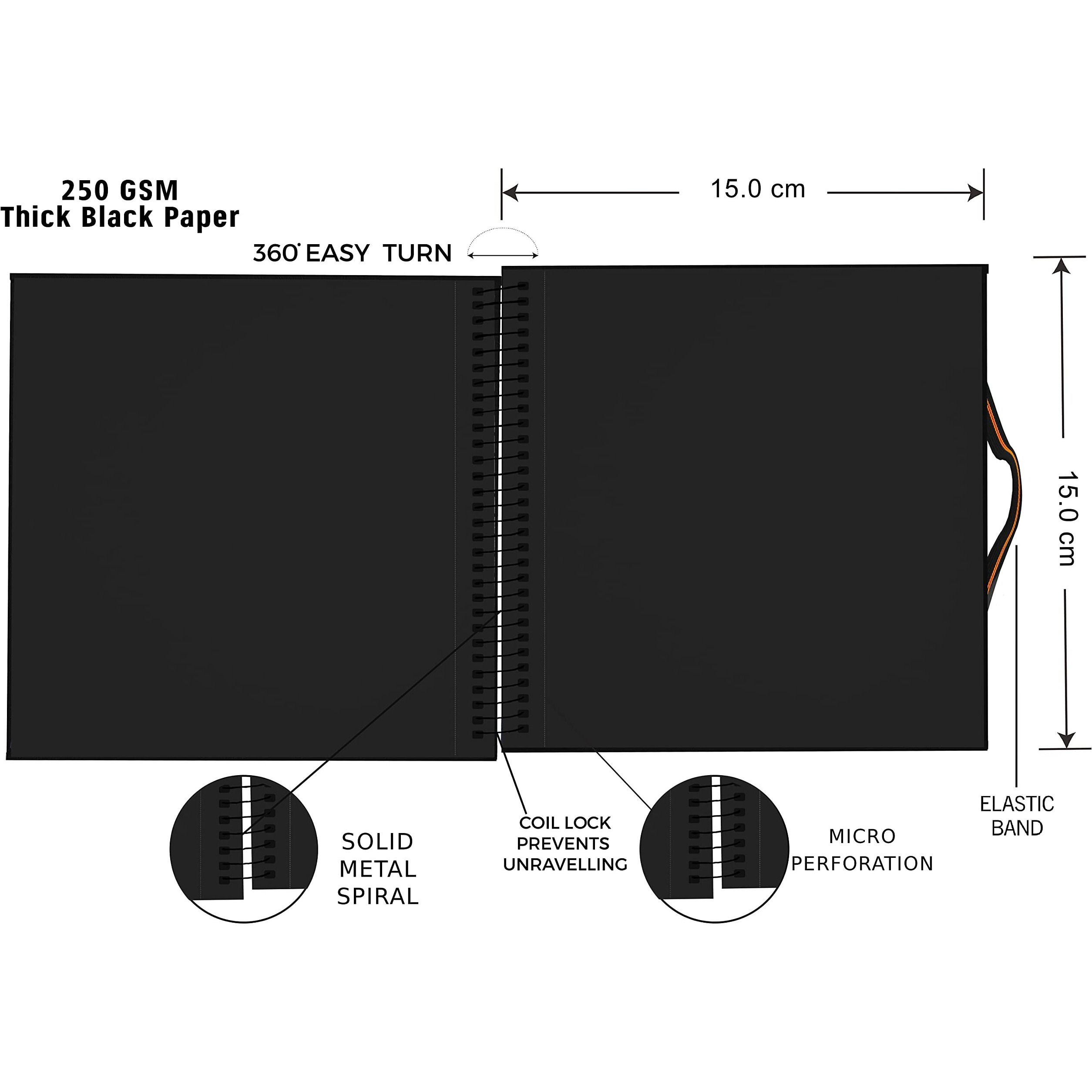 Menorah  Square - Black Sketch Book For Artist - 250 Gsm - Hard Metal Spiral Bound Sketchbook - 84 Pages/42 Sheets - (Size 15.0 X 15.0 Cm) Drawing Art Journal (Black Paper Sketchbook- Square)
