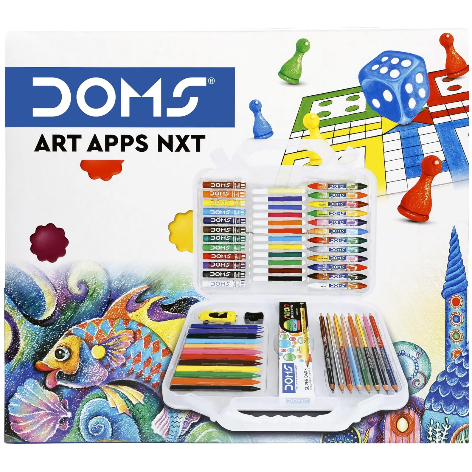 Doms Art Apps Nxt Kit With Plastic Carry Case | Perfect Value Pack | Kit For School Essentials | Gifting Range For Kids | Combination Of 9 Stationery Items