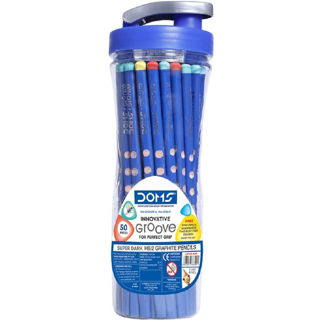 Doms Groove Super Dark Hb/2 Graphite Pencils Jar Pack | 50 Pcs Pencils | Innovative Groove For Perfect Grip | Ideal For School & General Purpose | Perfect For Sketching & Drawing | Jar Pack Of 1