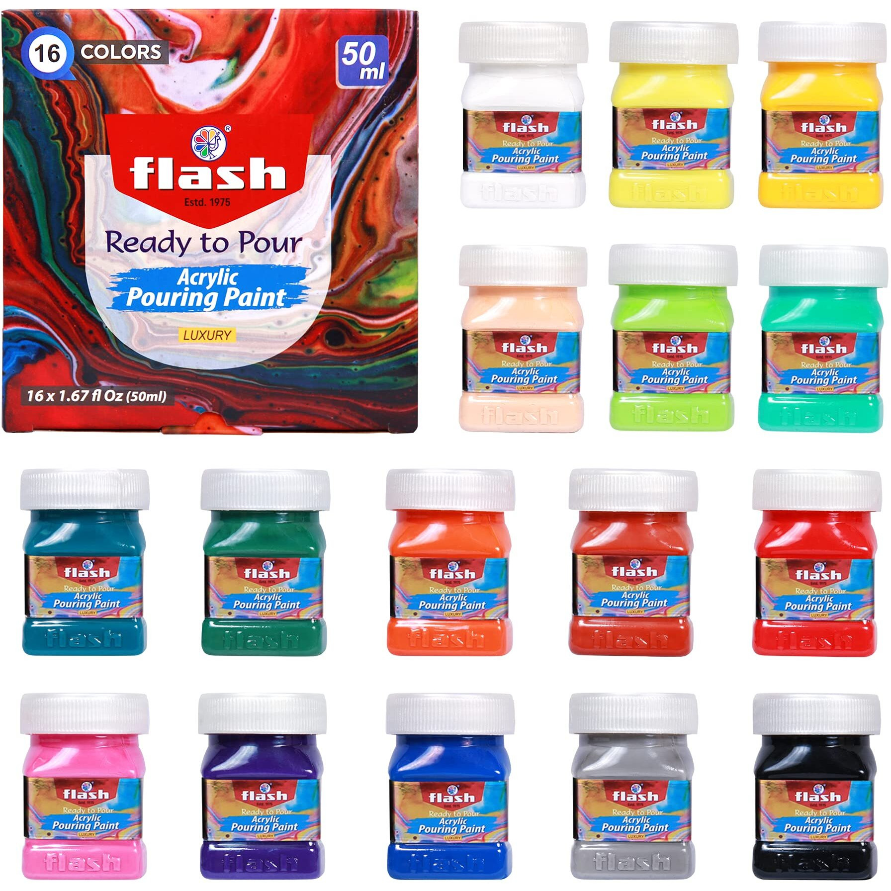 Flash Pouring Medium For Acrylic Painting-Fluid Art Kit-16 Colors High Flow Acrylic Paint Set For Pouring On Canvas Glass Paper Wood Tile Stones Etc-No Mixing Needed-50 Ml Each(1.6 Oz)-Multicolor