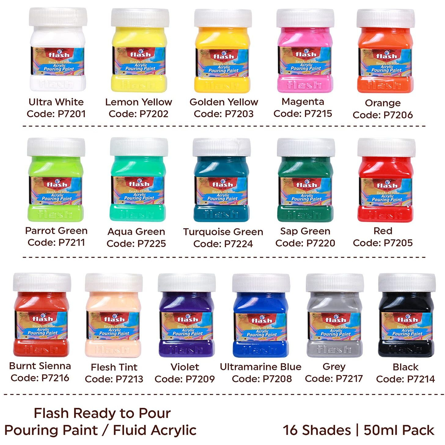 Flash Pouring Medium For Acrylic Painting-Fluid Art Kit-16 Colors High Flow Acrylic Paint Set For Pouring On Canvas Glass Paper Wood Tile Stones Etc-No Mixing Needed-50 Ml Each(1.6 Oz)-Multicolor