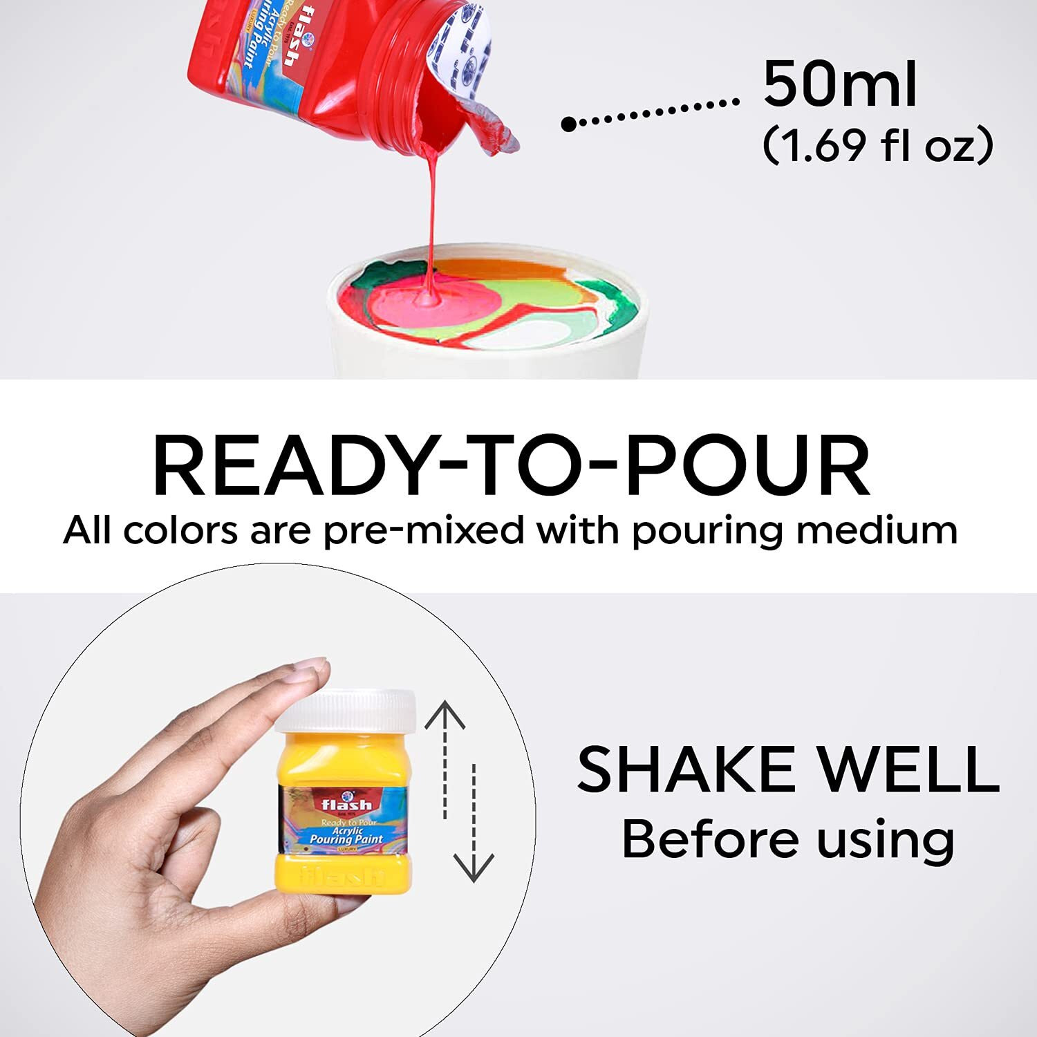 Flash Pouring Medium For Acrylic Painting-Fluid Art Kit-16 Colors High Flow Acrylic Paint Set For Pouring On Canvas Glass Paper Wood Tile Stones Etc-No Mixing Needed-50 Ml Each(1.6 Oz)-Multicolor