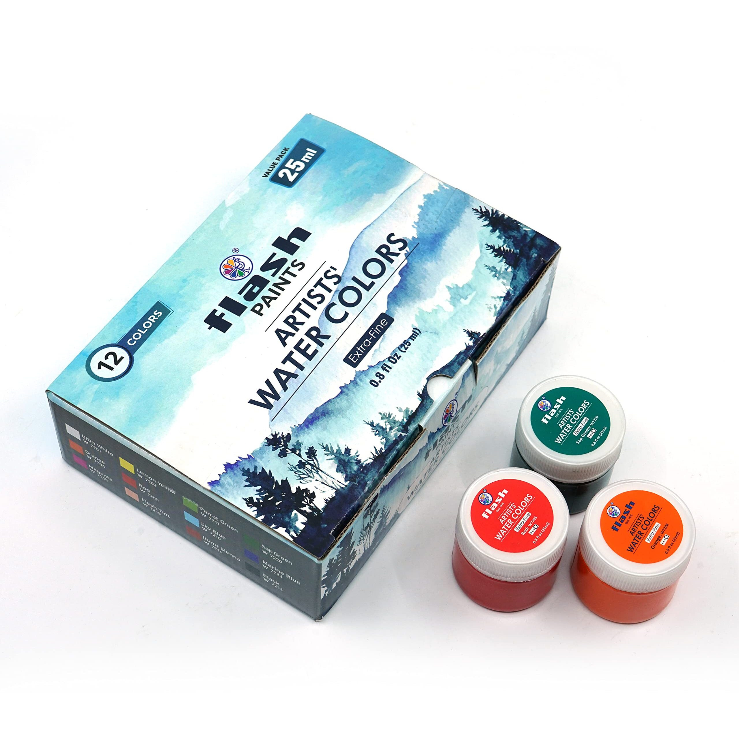 Flash Water Colours For Painting-Painting Kit For Kids Artists Professionals Hobby Painters-Matt Finish Rich Pigments Non Toxic Watercolor Set-25 Ml Each (Set Of 12), Multicolor