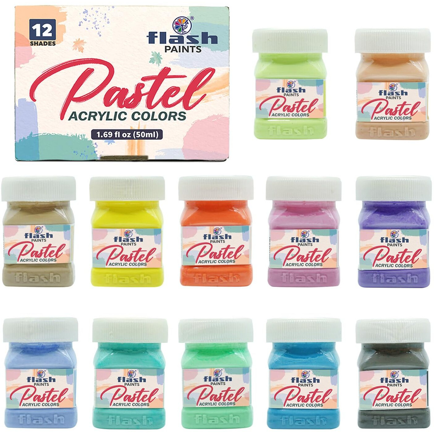 Flash Pastel Acrylic Colours-Rich Pigments Non Fading Non Toxic Acrylic Paint Set For Artists Professionals Students Hobby Painters (Set Of 12 Colors-50 Ml Each, Multi)