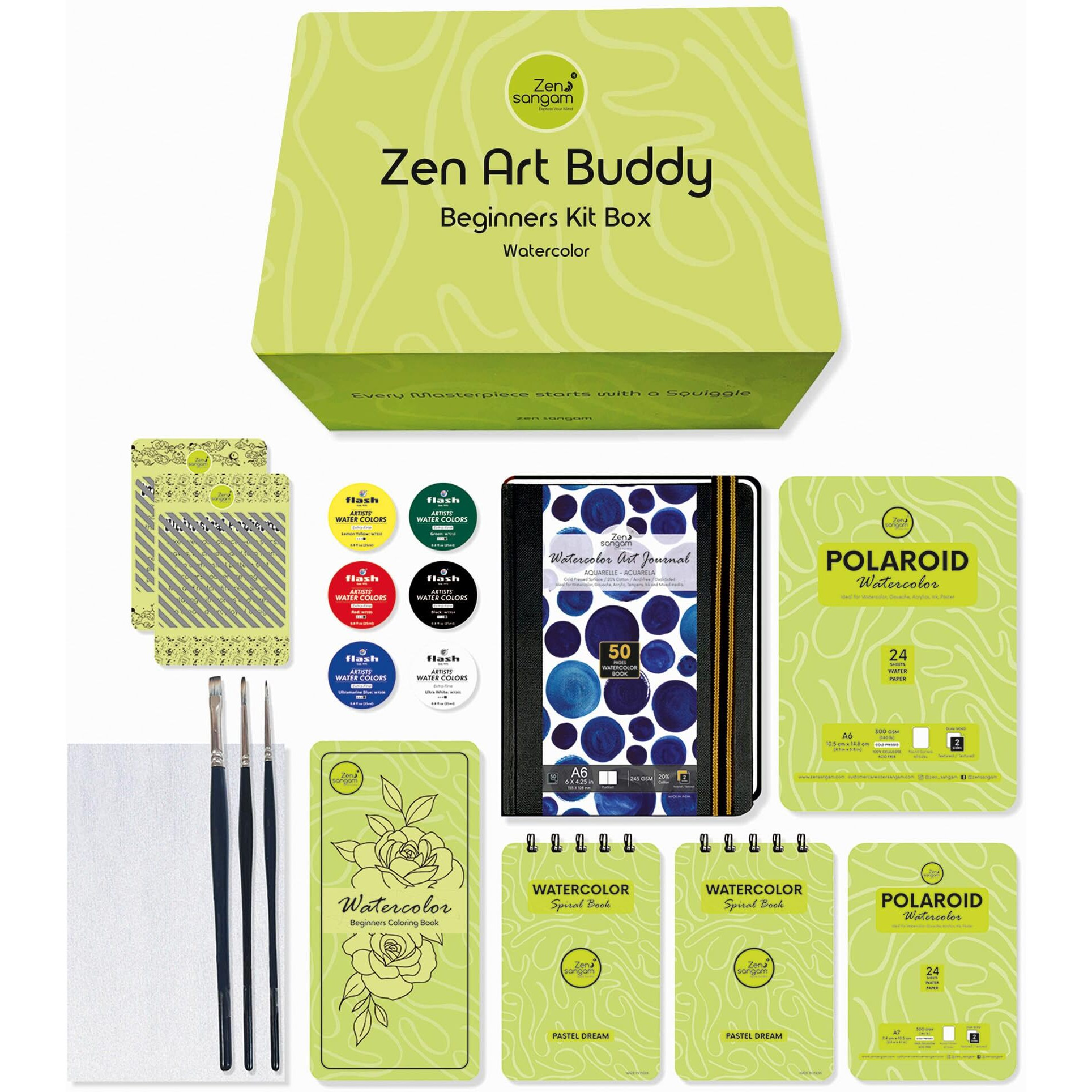 Zen Sangam Art Kit Box For Beginners & Kids | 6 Primary Watercolors, A6 & A7 Cold Pressed Paper, 2 Round & 1 Flat Brushes, 245 Gsm A6 20% Cotton Watercolor Journal | Gifting Ideas - Medium Art Set
