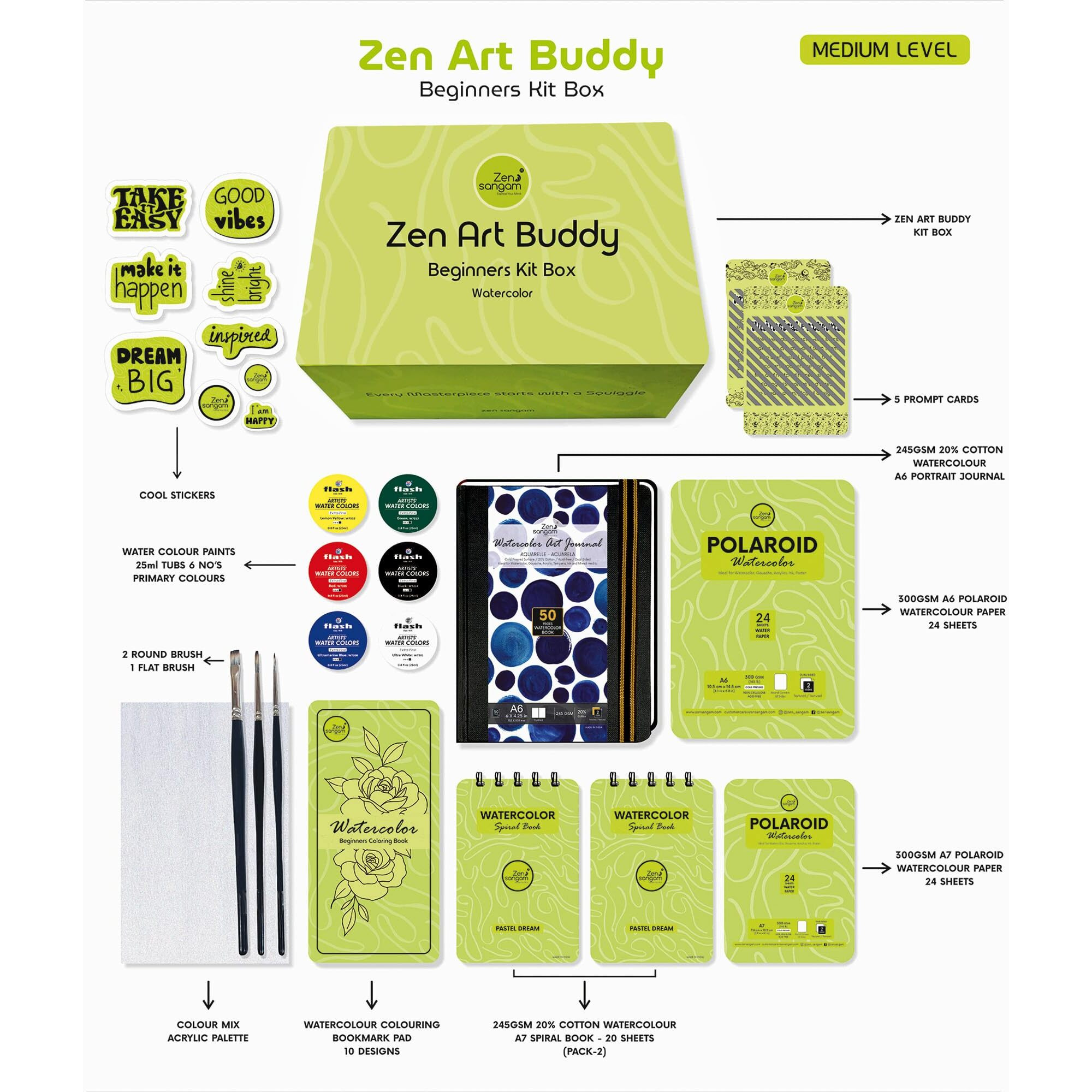 Zen Sangam Art Kit Box For Beginners & Kids | 6 Primary Watercolors, A6 & A7 Cold Pressed Paper, 2 Round & 1 Flat Brushes, 245 Gsm A6 20% Cotton Watercolor Journal | Gifting Ideas - Medium Art Set