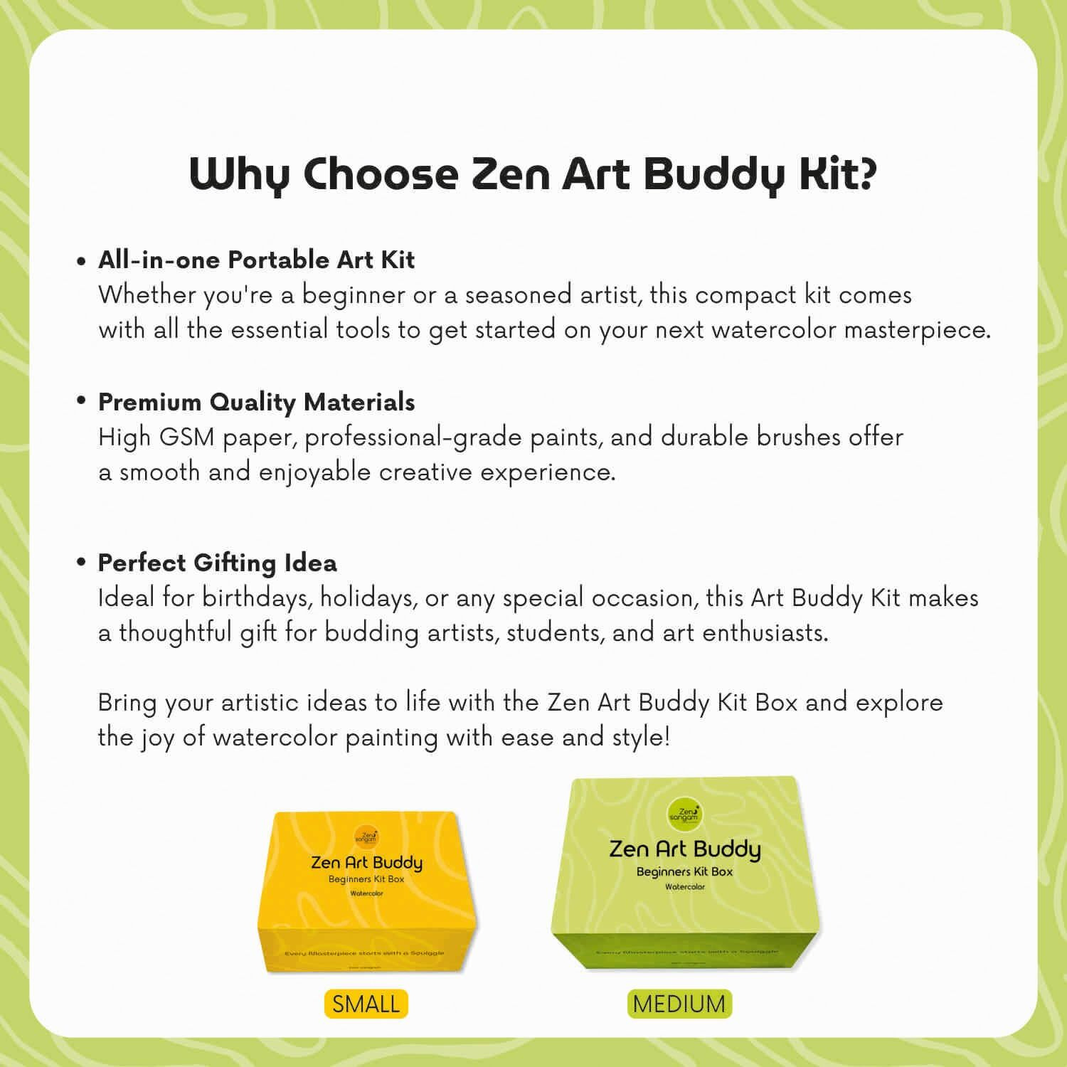 Zen Sangam Art Kit Box For Beginners & Kids | 6 Primary Watercolors, A6 & A7 Cold Pressed Paper, 2 Round & 1 Flat Brushes, 245 Gsm A6 20% Cotton Watercolor Journal | Gifting Ideas - Medium Art Set