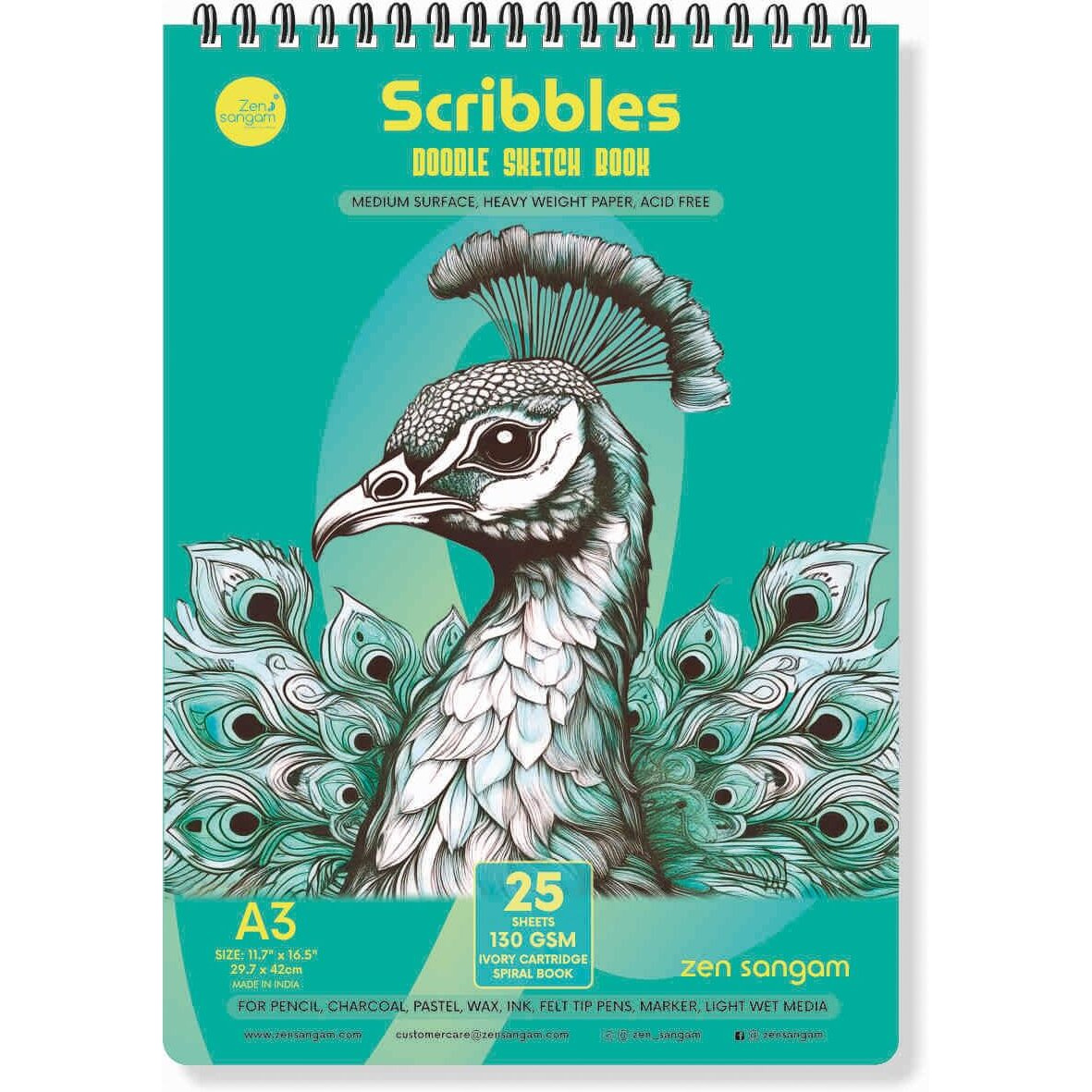 Zen Sangam Scribbles A5 Sketchbook | 50 Sheets 130Gsm Acid-Free Paper | Top Spiral-Bound Sketchpad For Artists, Kids & Professionals | Ideal For Markers, Colored Pencils, Charcoal | Teal (Set Of 1)