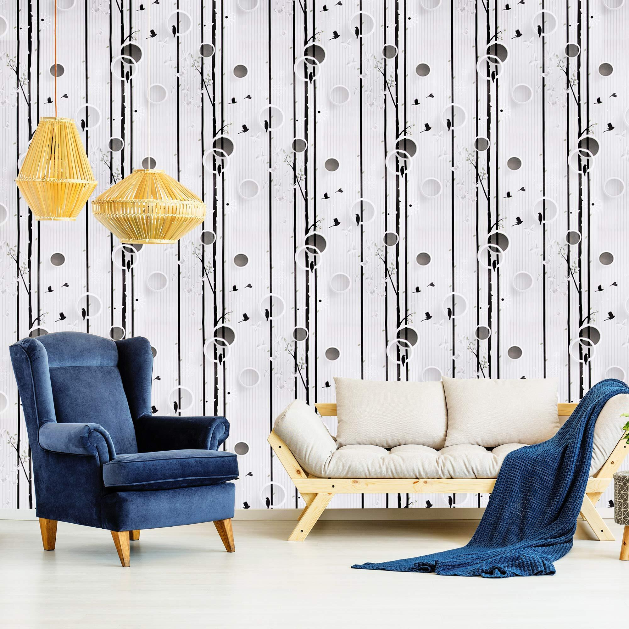 Wolpin Wall Stickers Diy Wallpaper (45 X 500 Cm) 3D Stark Trees And Birds Decals Self Adhesive Waterproof Living Room Wall Decor Nature, Grey