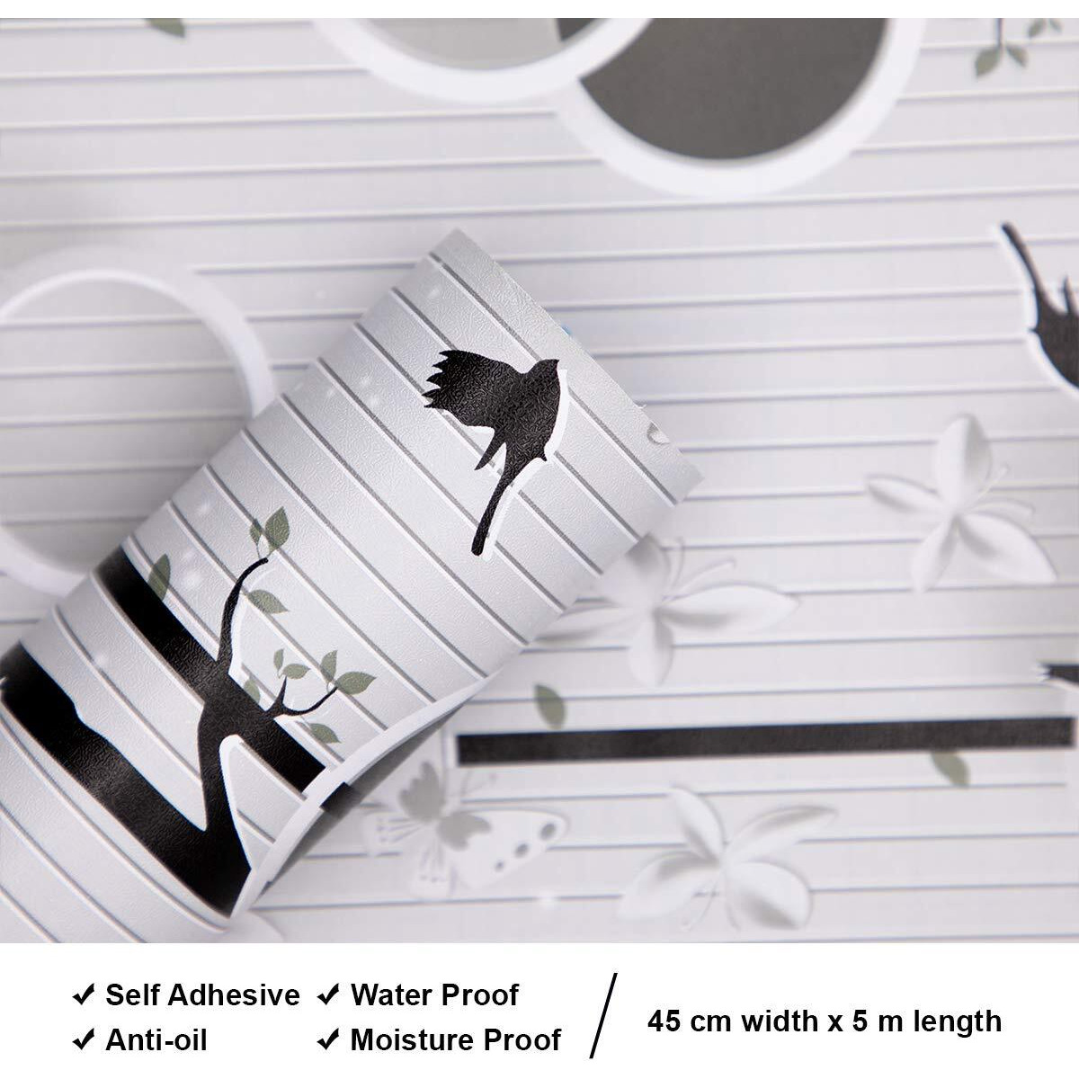 Wolpin Wall Stickers Diy Wallpaper (45 X 500 Cm) 3D Stark Trees And Birds Decals Self Adhesive Waterproof Living Room Wall Decor Nature, Grey