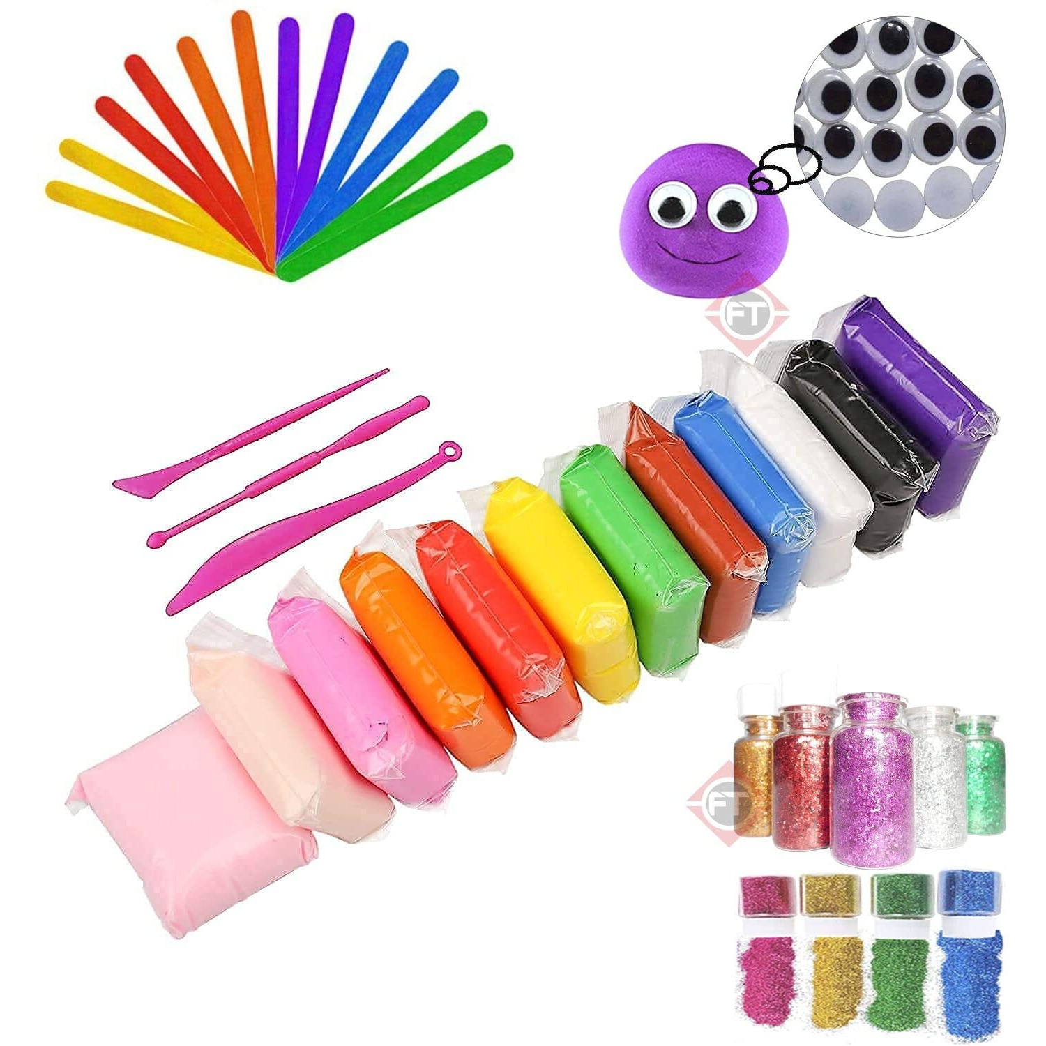 Firstly 12Pc Air Dry Clay+Ice Cream Sticks+ Googly Eyes+Glitte,Modelling Tools With Clay Set For Jewellery Earring Making Beginners Kit Clay Rings(Basic Colors)