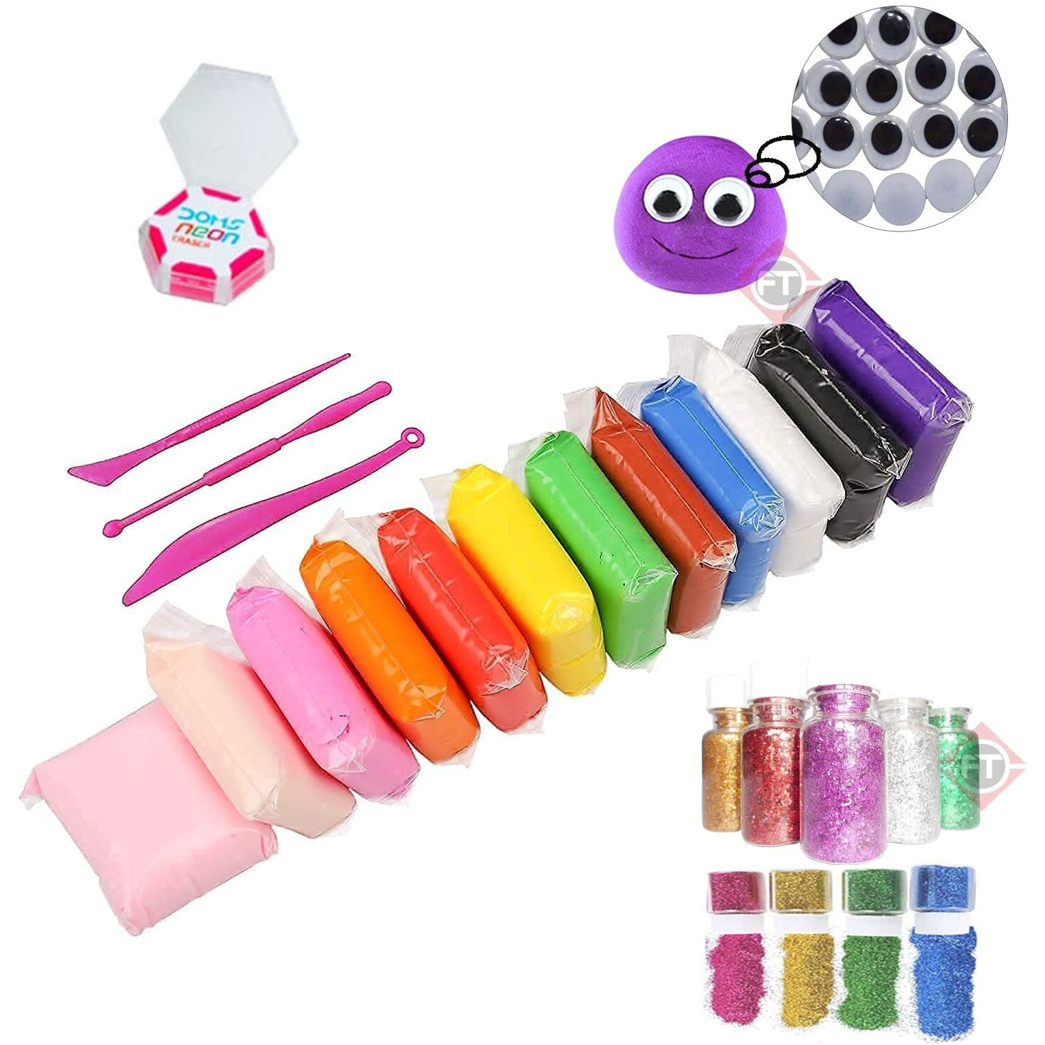 Firstly 12Pc Air Dry Clay+ Googly Eyes+1 Eraser+Glitter,Modelling Tools With Clay Set For Jewellery Earring Making Beginners Kit Clay Rings(Basic Colors)