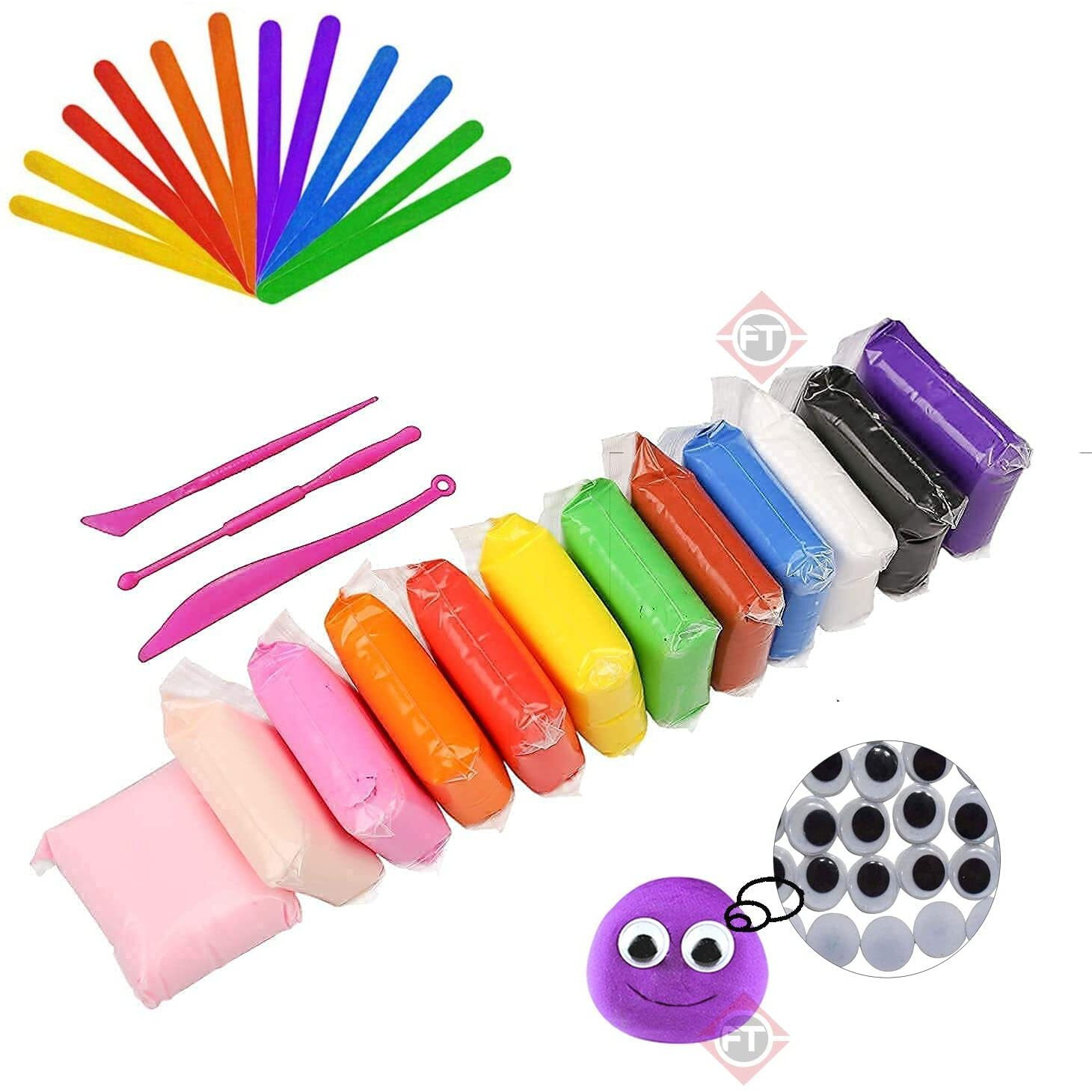 Firstly 12Pc Air Dry Clay+Ice Cream Sticks+ Googly Eyes,Modelling Tools With Clay Set For Jewellery Earring Making Beginners Kit Clay Rings(Basic Colors)