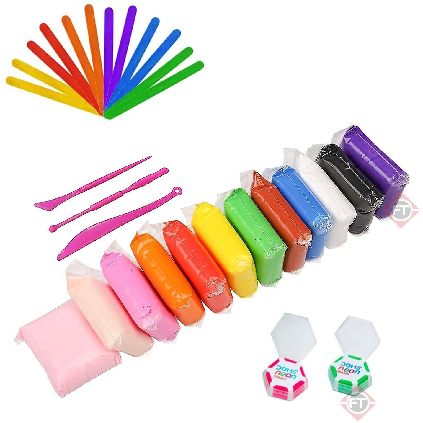 Firstly 12Pc Air Dry Clay+ Ice Cream Sticks+2 Eraser,Modelling Tools With Clay Set For Jewellery Earring Making Beginners Kit Clay Rings(Basic Colors)