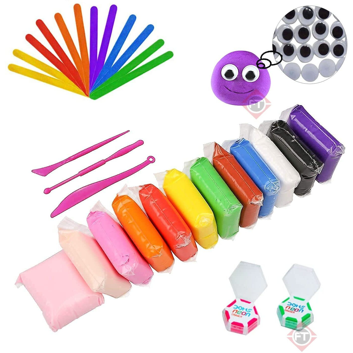Firstly 12Pc Air Dry Clay+Ice Cream Sticks+ Googly Eyes+2 Eraser,Modelling Tools With Clay Set For Jewellery Earring Making Beginners Kit Clay Rings(Basic Colors)