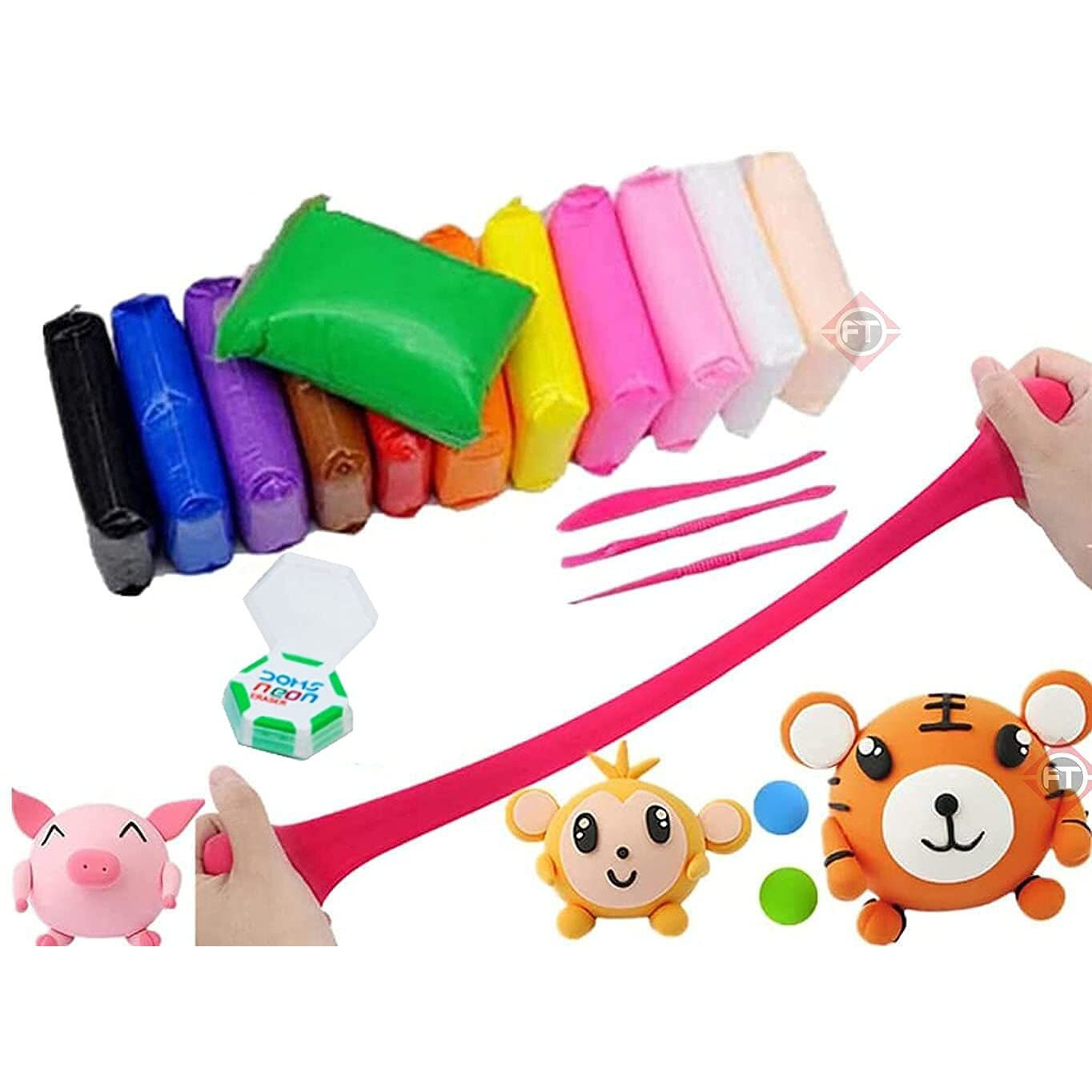 Firstly Traders 36 Pc Air Dry Clay Set For Jewellery Earring Making Beginners Kit Clay Rings(3 Sets Of 12 Basic Colors) Modelling Tools With Clay + Free Neon Eraser+ Stickers
