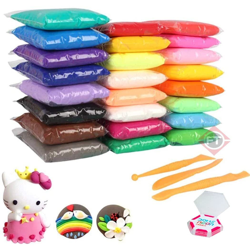 Firstly Traders 12 Color Air Dry Clay Set For Jewellery Earring Making Beginners Kit Clay Rings(Basic Colors) Modelling Tools With Clay + Free Neon Eraser