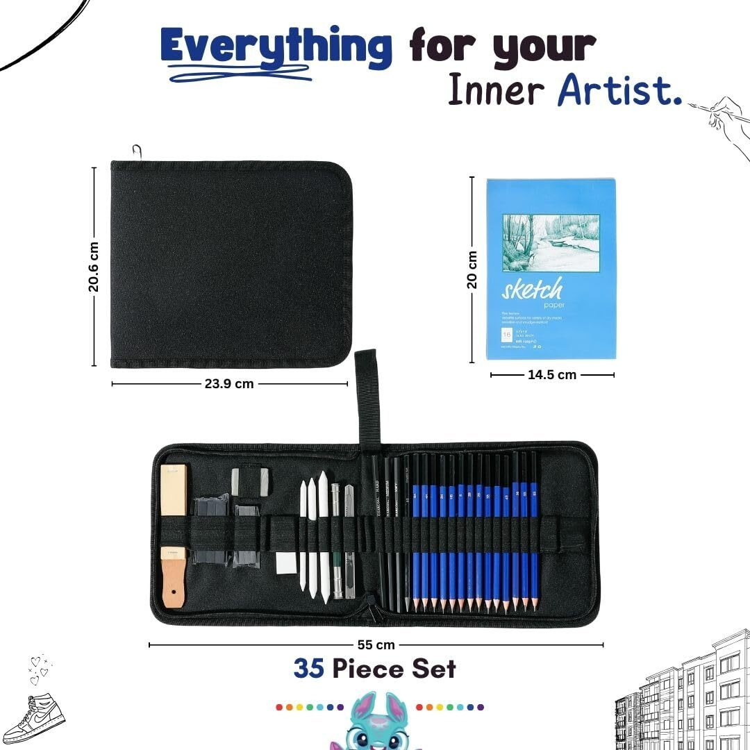 Tinker Squad 35 Pc Professional Sketching Sketch Kit For Artists Kit | Professional Drawing Art Kit For Artists Adults | Sketch Artist Shading Kit | Pencil Sketch Kit Gifts For Artist | Sketching Set