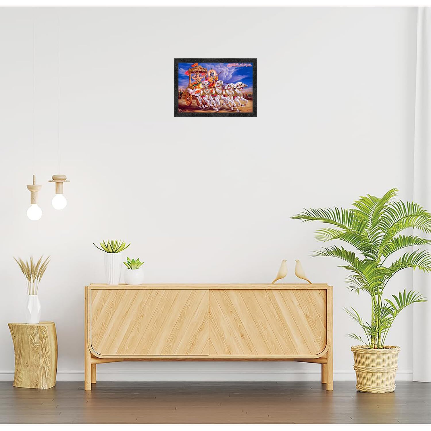 Dharvika Innovations Krishna Arjun Mahabharat Rath Painting Vinyl Sparkle Coated Home Decorative Gift Item With Synthetic Frame 2587 (14X20 Inch) (Design 4, Black Frame)