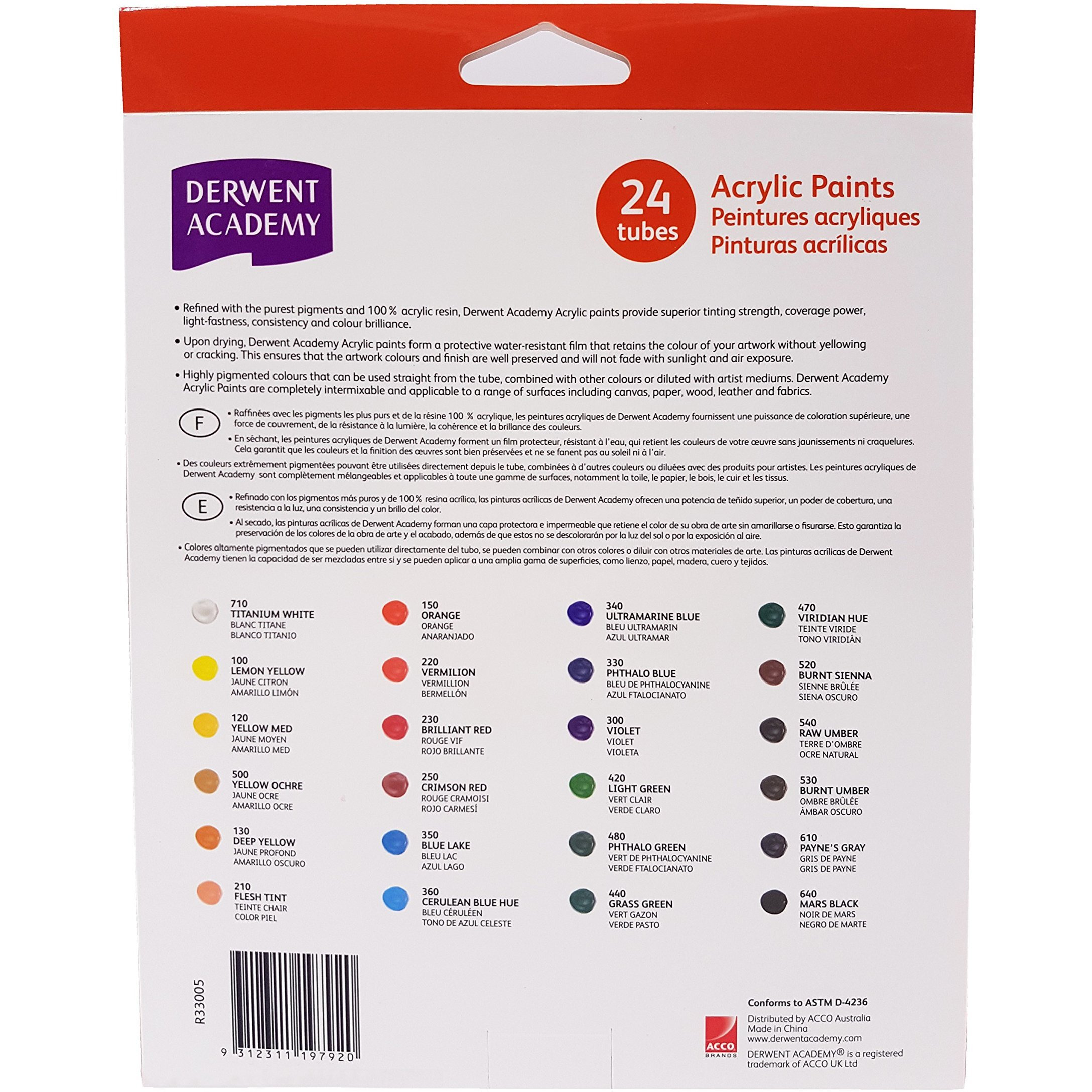 Derwent Academy Acrylic Paints 12Ml (Pack Of 24), Multicolour