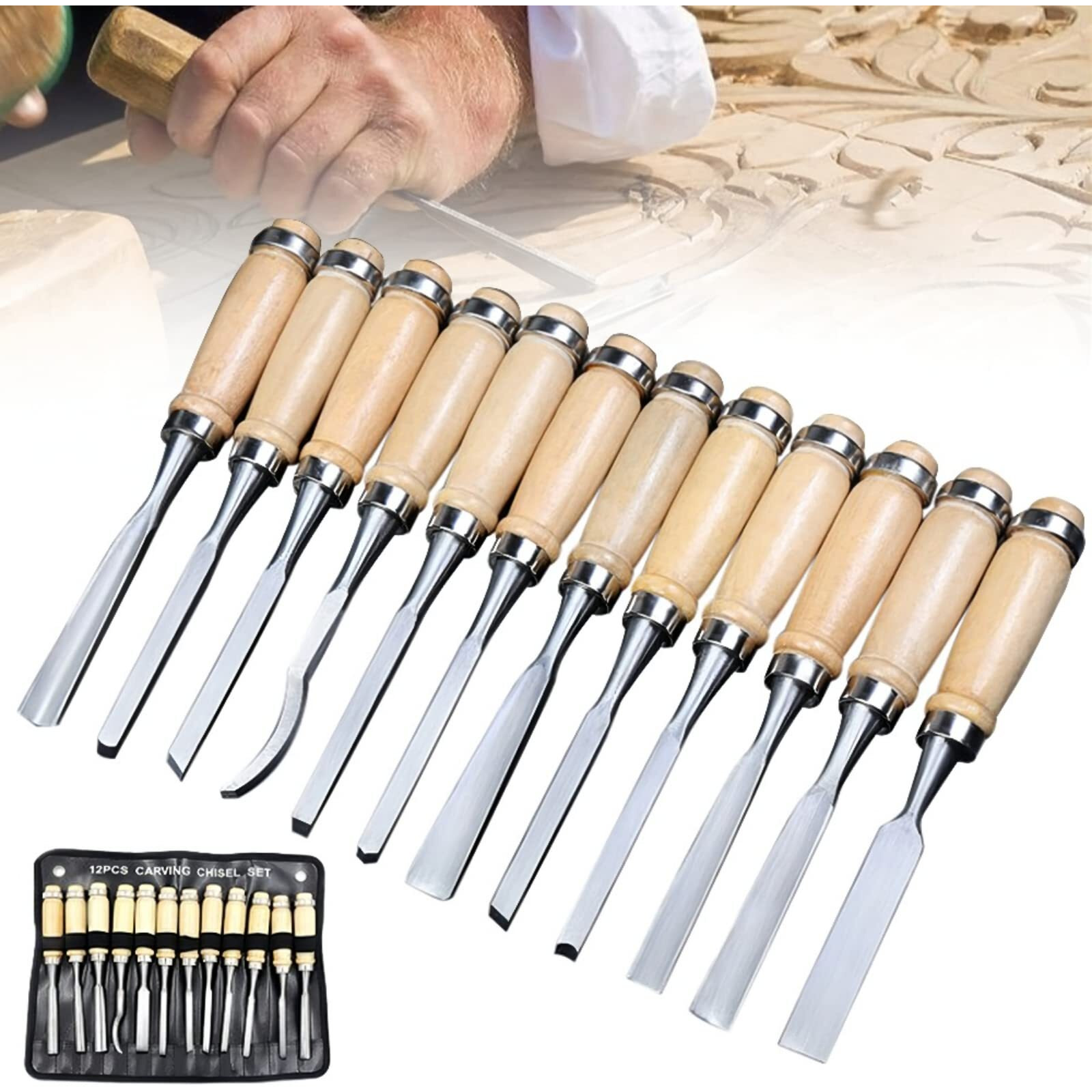 Sunkizzrs 12Pcs Wood Carving Chisel Set  Chisel Set For Woodworking  Wood Carving Professional Tools Set  Woodworking Tools With Carrying Case - Great For Beginners & Pros