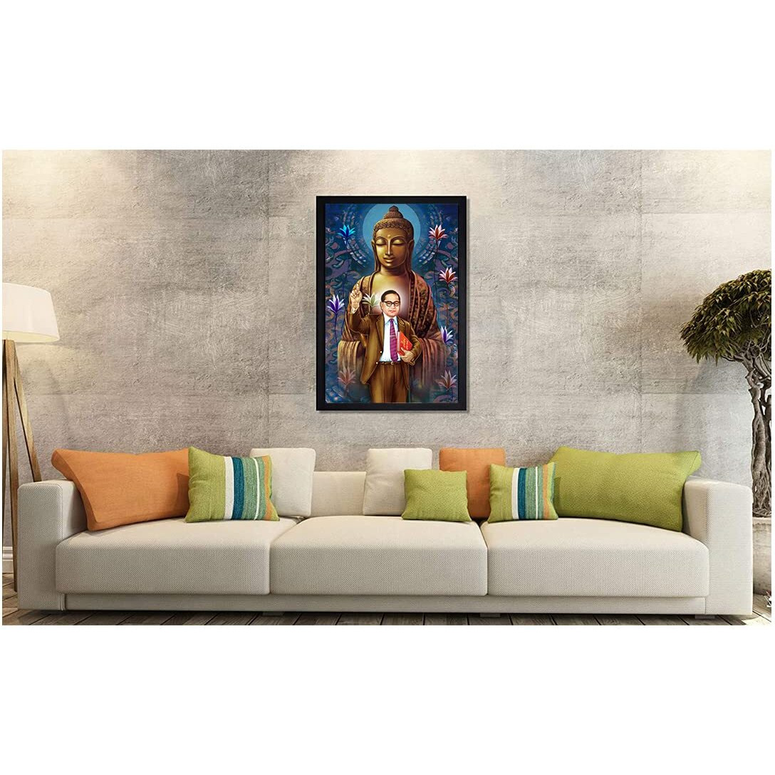 Dharvika Innovations Buddha Ambedkar Photo Frame Painting Vinyl Sparkle Coated Home Decorative Gift Item With Synthetic Photo Frame (1420 Inch) (Design 25, Black Frame)