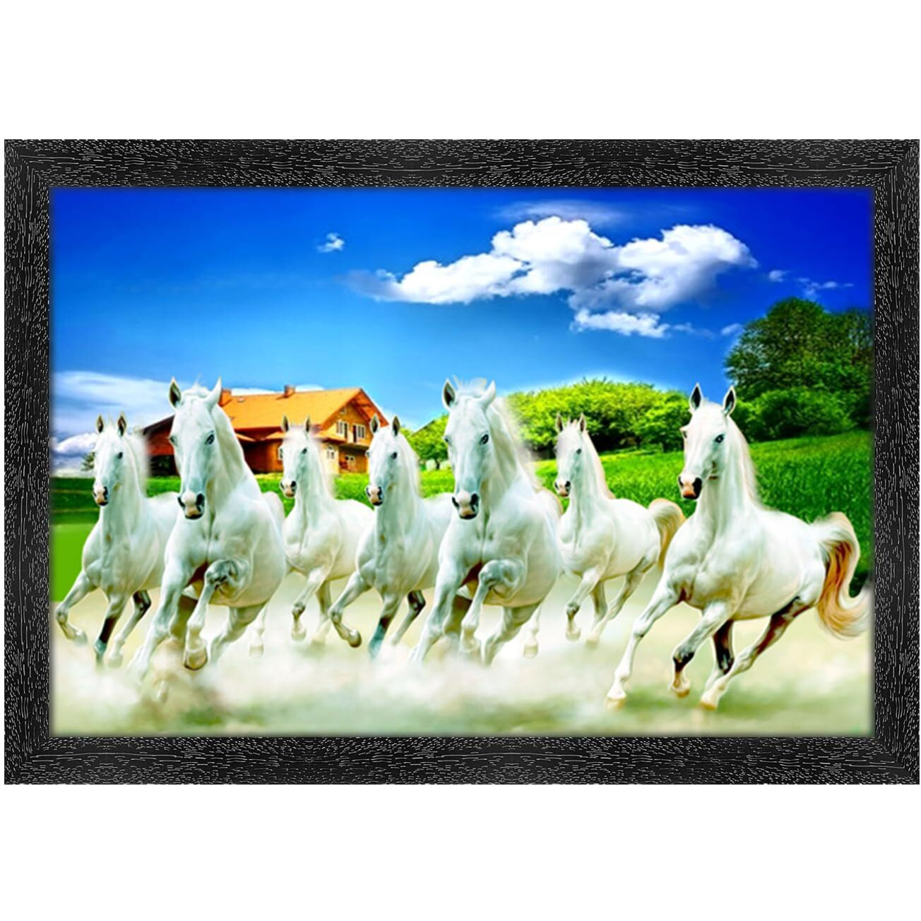 Dharvika Innovations  Seven Horses Vastu Painting With Frame/Vastu Seven Running Horses/Home Decor Items For Living Room (14X20 Inch, Design 20) (Design 12, Black Frame)