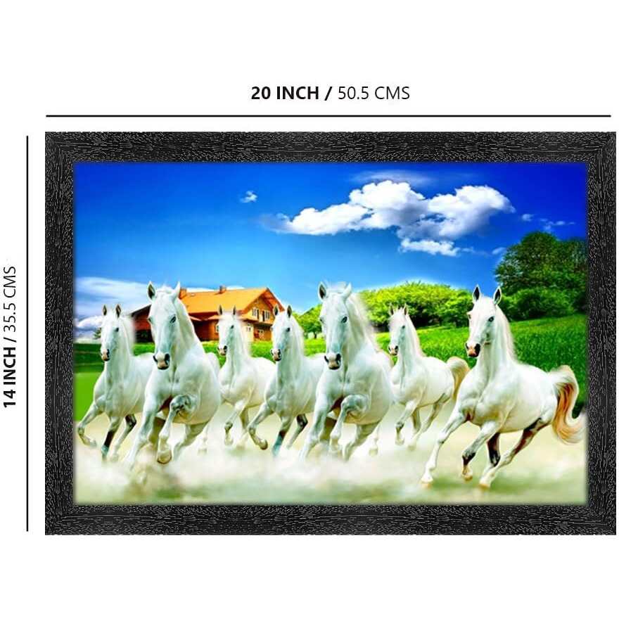 Dharvika Innovations  Seven Horses Vastu Painting With Frame/Vastu Seven Running Horses/Home Decor Items For Living Room (14X20 Inch, Design 20) (Design 12, Black Frame)