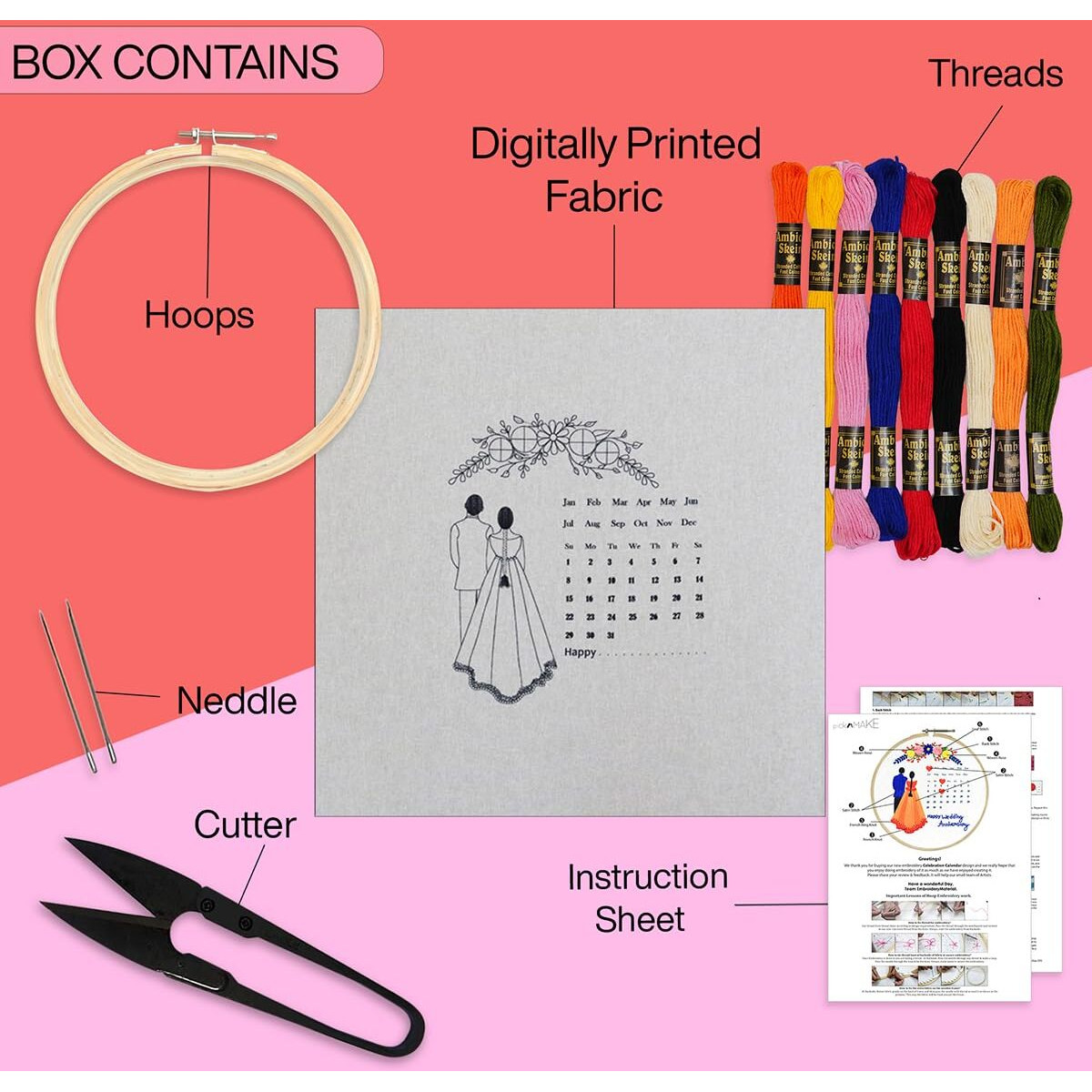 Picknmake Diy Embroidery Kit For Beginner, Adults & Kids With Wedding Celebration Calender Design Printed Cloth/Fabric & Written Instructions All Material Included