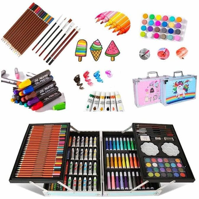 Breatoi 145 Pcs Professional Art Set - Drawing Painting Sketching Colouring Kids Set - All In 1 Art Case Perfect For Kids With Blue Unicorn Rainbow Design Aluminium Case