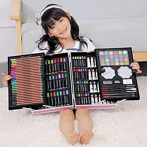 Breatoi 145 Pcs Professional Art Set - Drawing Painting Sketching Colouring Kids Set - All In 1 Art Case Perfect For Kids With Pink Unicorn Rainbow Design Aluminium Case