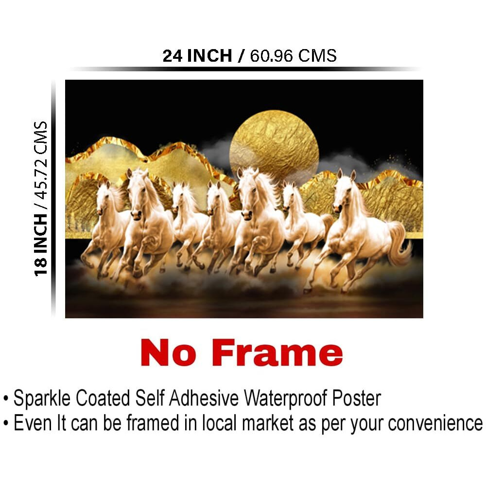 Dharvika Innovations Seven Horses Vastu Poster Big Size | Seven Horses Vastu Painting | Vastu Seven Running Horses Sparkle Coated Self Adhesive (18 X 24 Inch)-20711