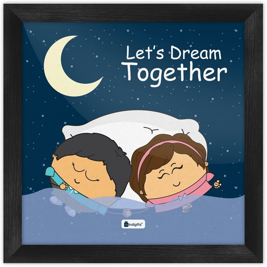 Indigifts Valentines Day Lets Dream Together Quote Cute Young Couple Holding Hands Blue Poster Frame 8X8 Inches - Gift For Boyfriend-Girlfriend-Husband-Wife-Birthday, Anniversary, Posters For Wall