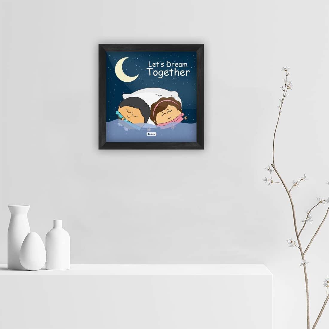 Indigifts Valentines Day Lets Dream Together Quote Cute Young Couple Holding Hands Blue Poster Frame 8X8 Inches - Gift For Boyfriend-Girlfriend-Husband-Wife-Birthday, Anniversary, Posters For Wall