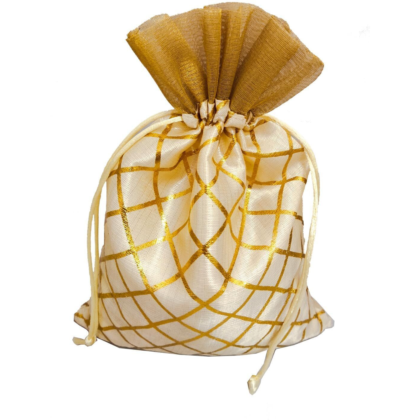 Pandeji Handcrafted Drawstring Pouch With Golden Grid Pattern/Berfi Print, Potli For Gift (Cream Color 18Cmx25Cm Medium, Set Of 10Pc)