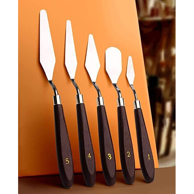 Verixpress Set Of -5 Palette Painting Knives Of Various Sizes & Shapes, Stainless Steel Scraper Spatula Polished Brown Handle For Artist Canvas Oil Paint Color Mixing