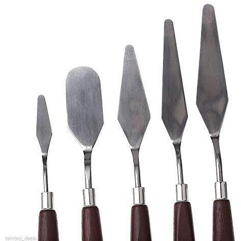 Verixpress Set Of -5 Palette Painting Knives Of Various Sizes & Shapes, Stainless Steel Scraper Spatula Polished Brown Handle For Artist Canvas Oil Paint Color Mixing